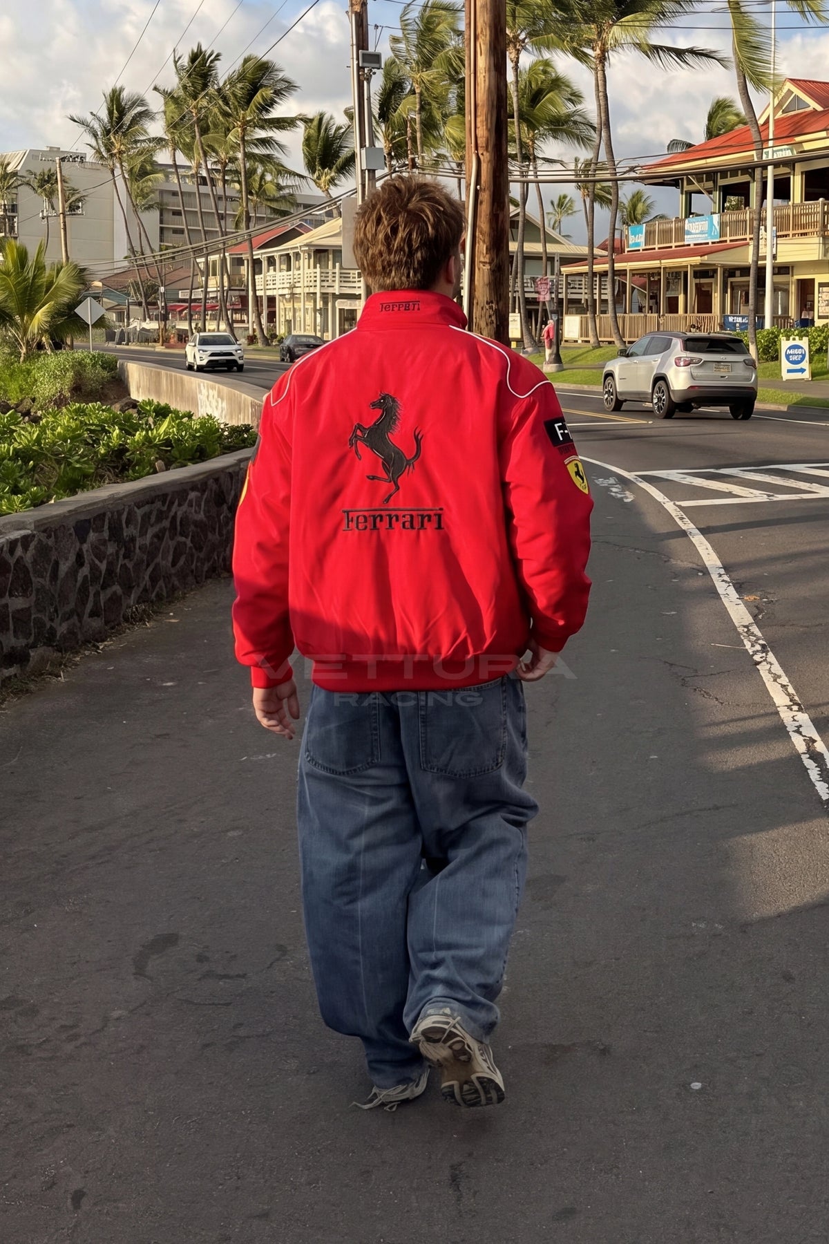 Red Ferrari F1 vintage racing jacket photographed outdoors, everyday street styling