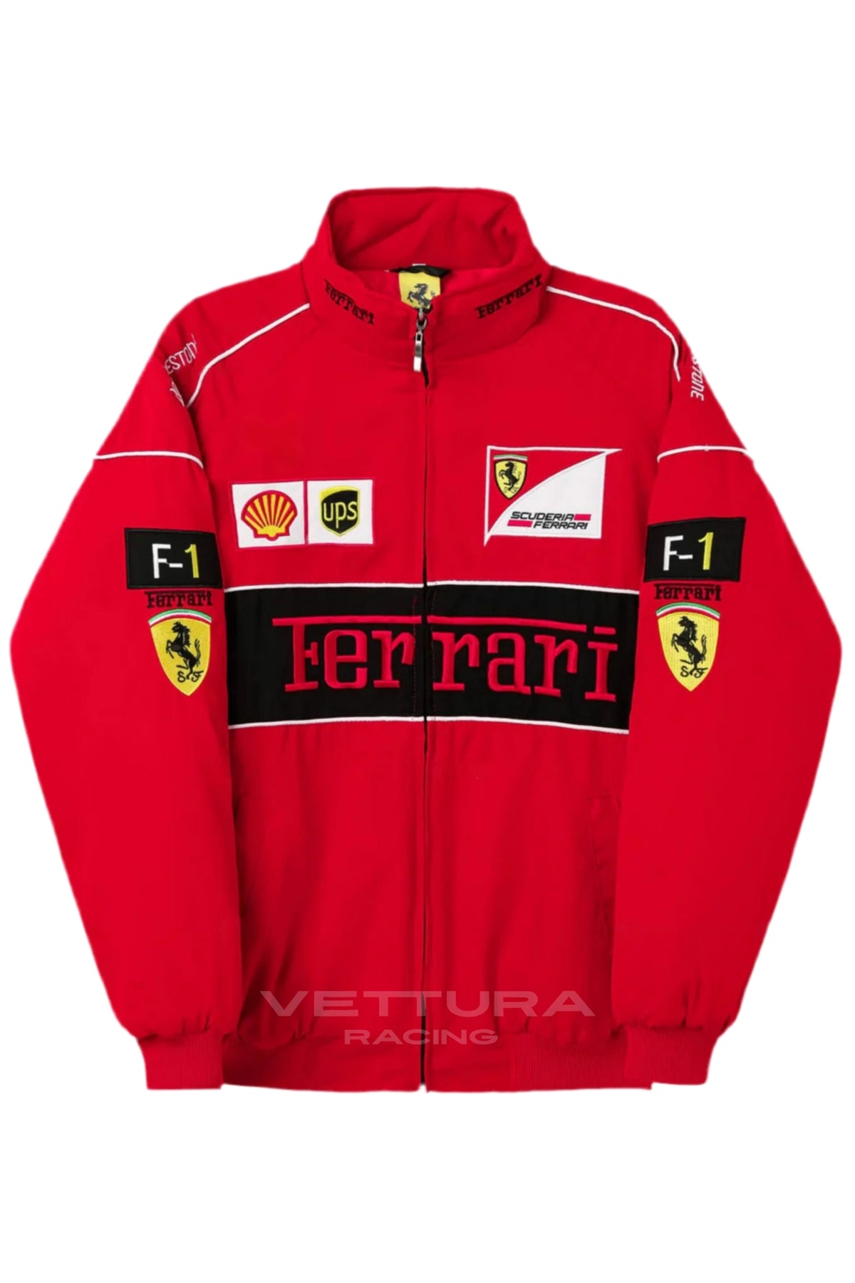 Ferrari F1 vintage racing jacket in red, product shot on a white background