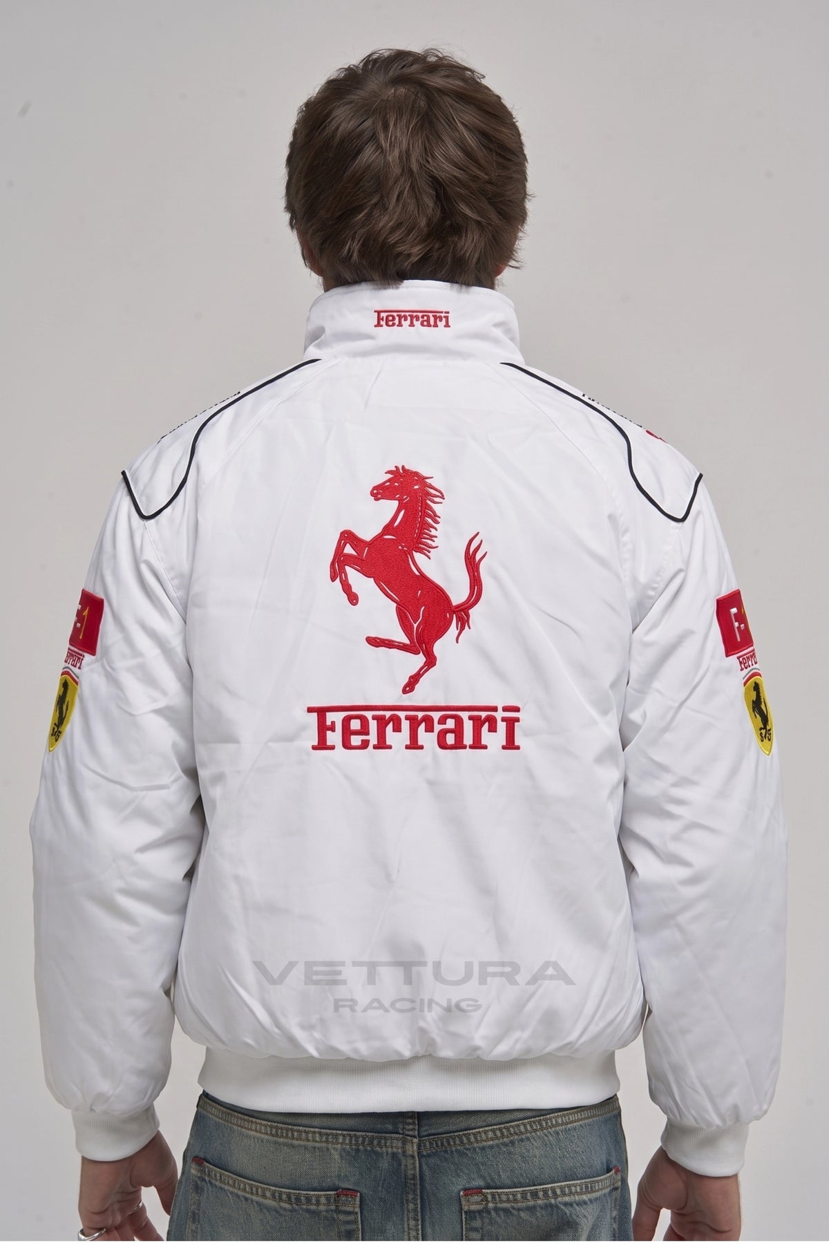 Ferrari F1 white edition racing jacket styled in daylight