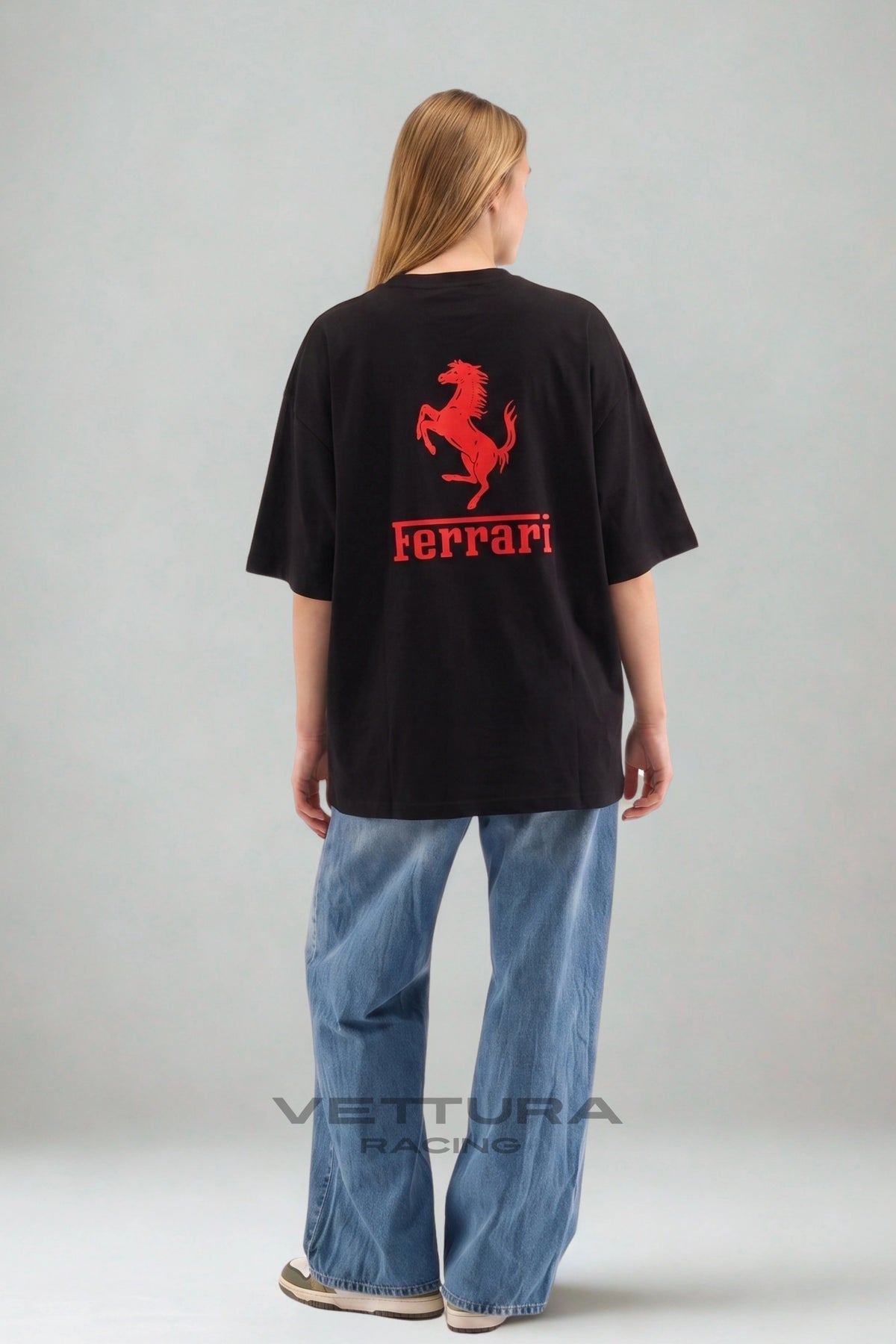 Back of the Ferrari F1 black racing t-shirt with the red Prancing Horse