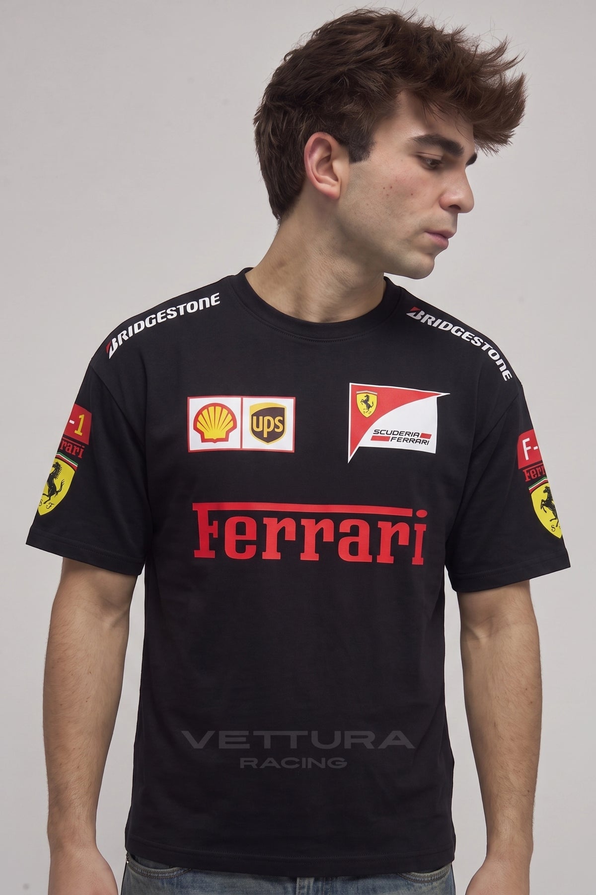 Ferrari F1 vintage racing tee in black styled with jeans