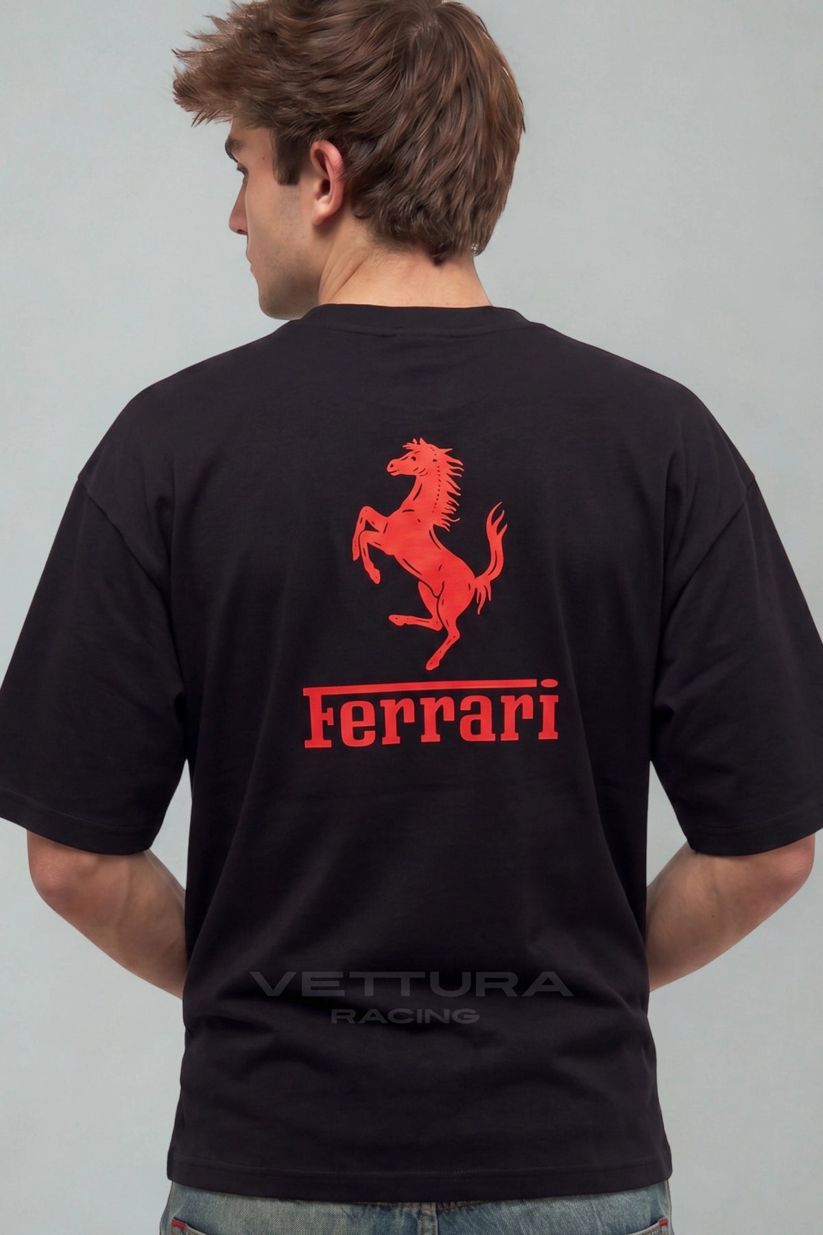 Close view of the Shell and Bridgestone sponsor blocks on the Ferrari F1 tee