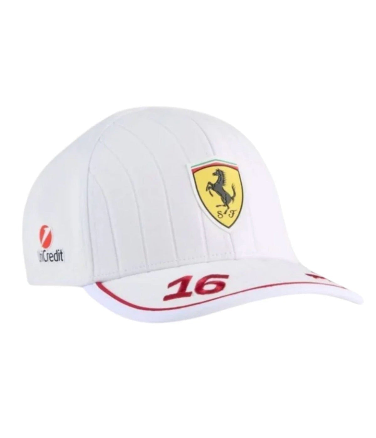 White Ferrari F1 cap with red trim and number 16 stitched on the brim, angled view