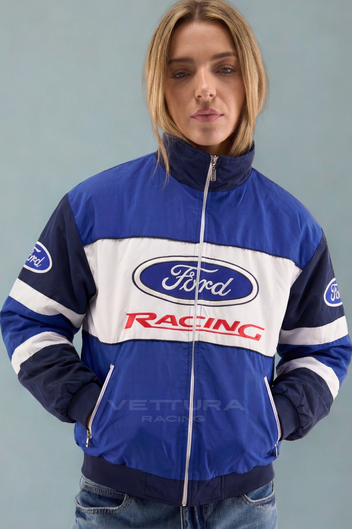 Woman wearing the blue and white Ford Racing vintage bomber jacket