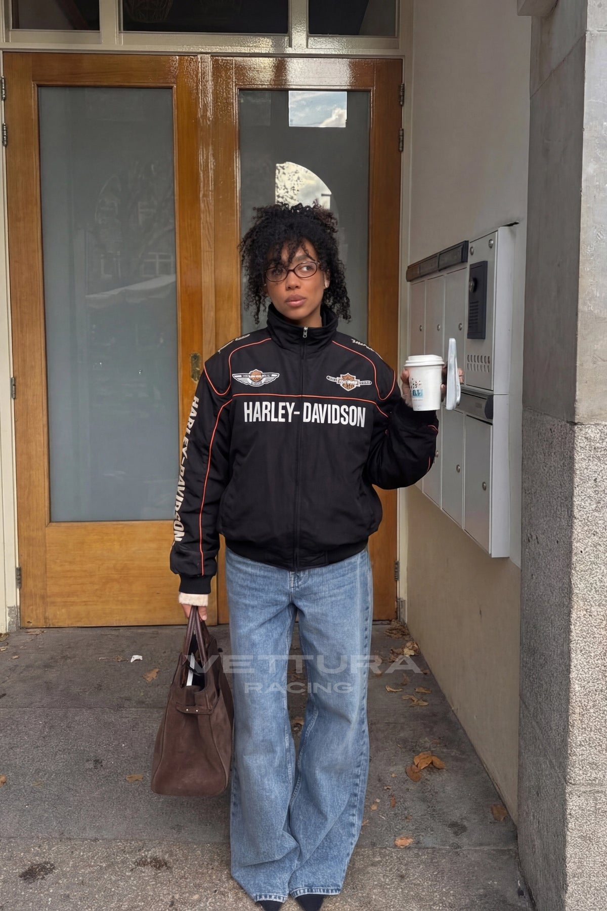 Street style look with the black Harley Davidson vintage jacket