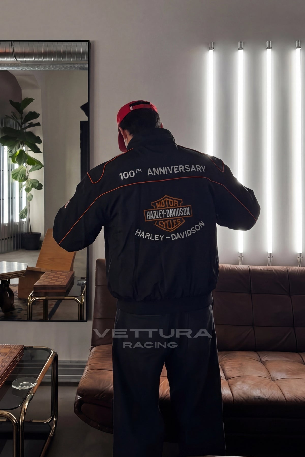 Lifestyle shot of the Harley Davidson vintage jacket back embroidery