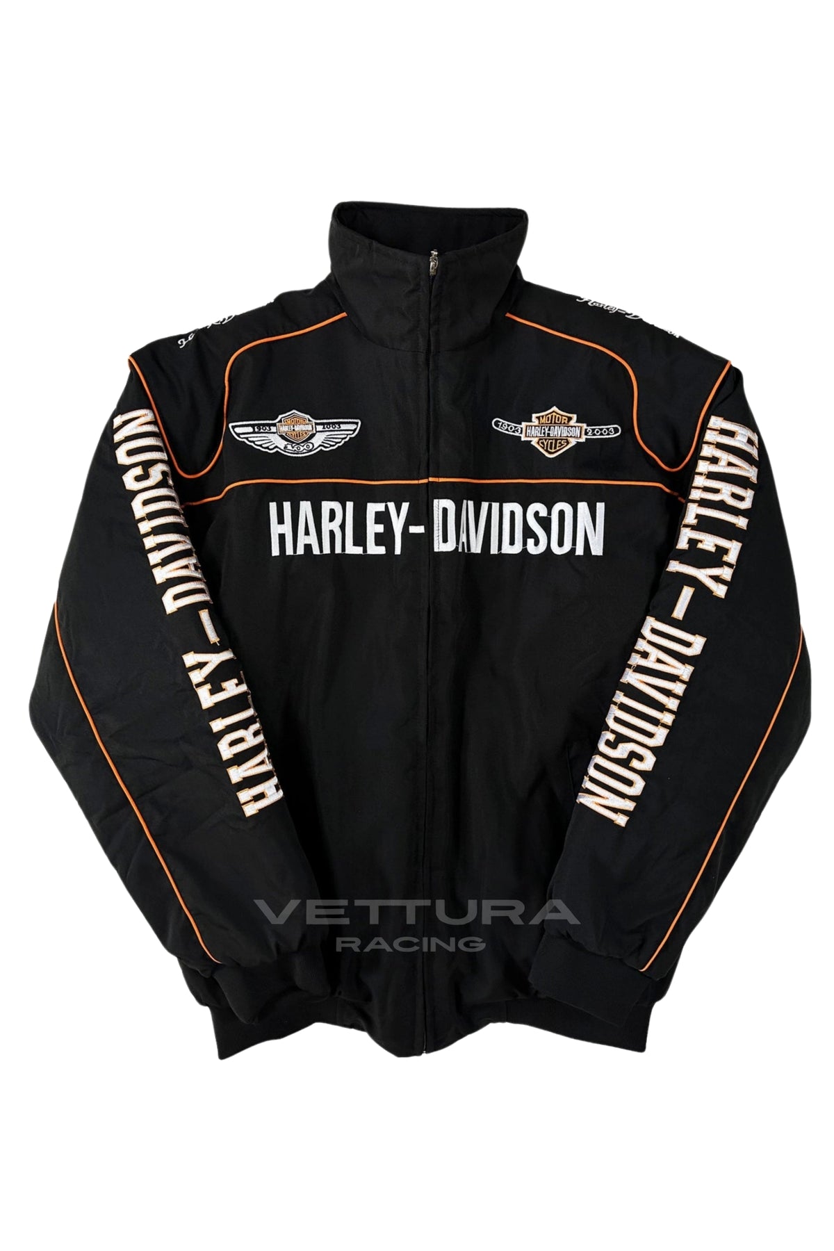 Black Harley Davidson vintage jacket flat front view with embroidered emblem