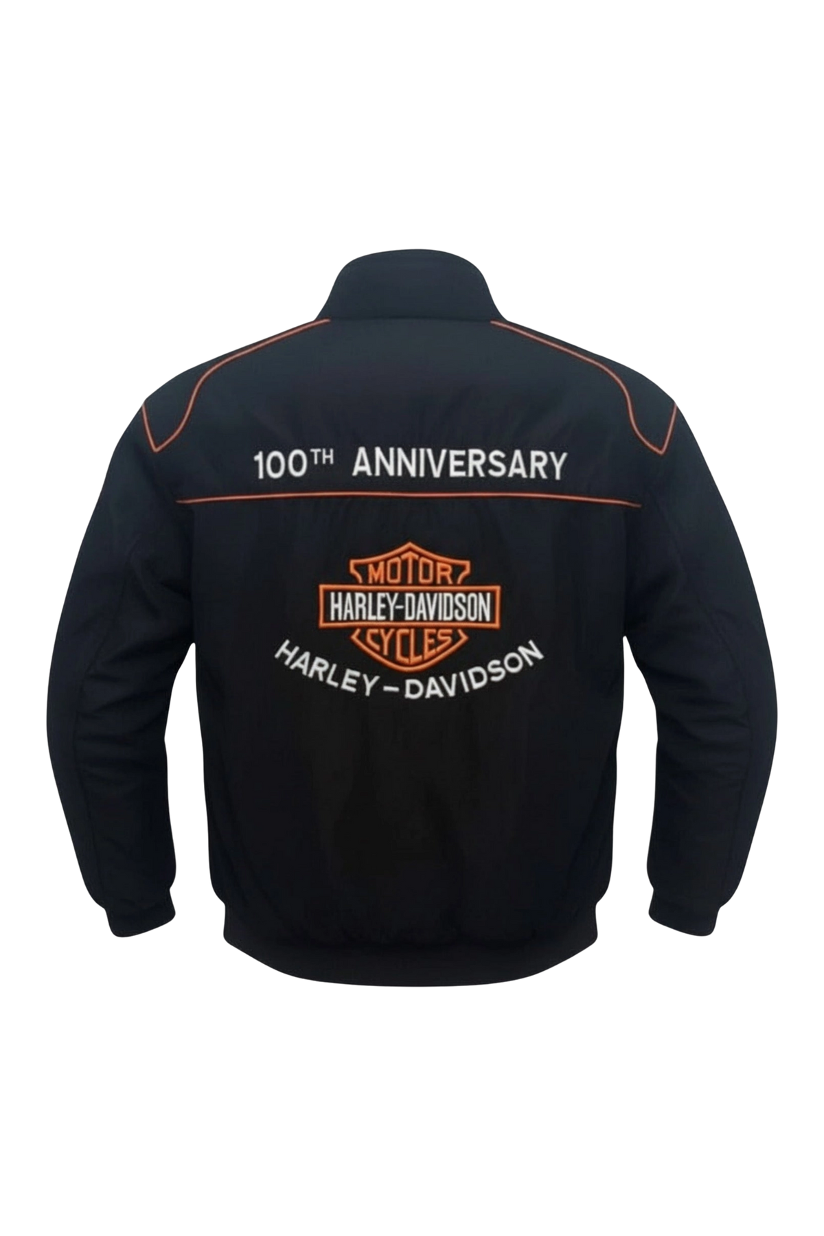 Harley Davidson vintage jacket flat back view with 100th Anniversary embroidery
