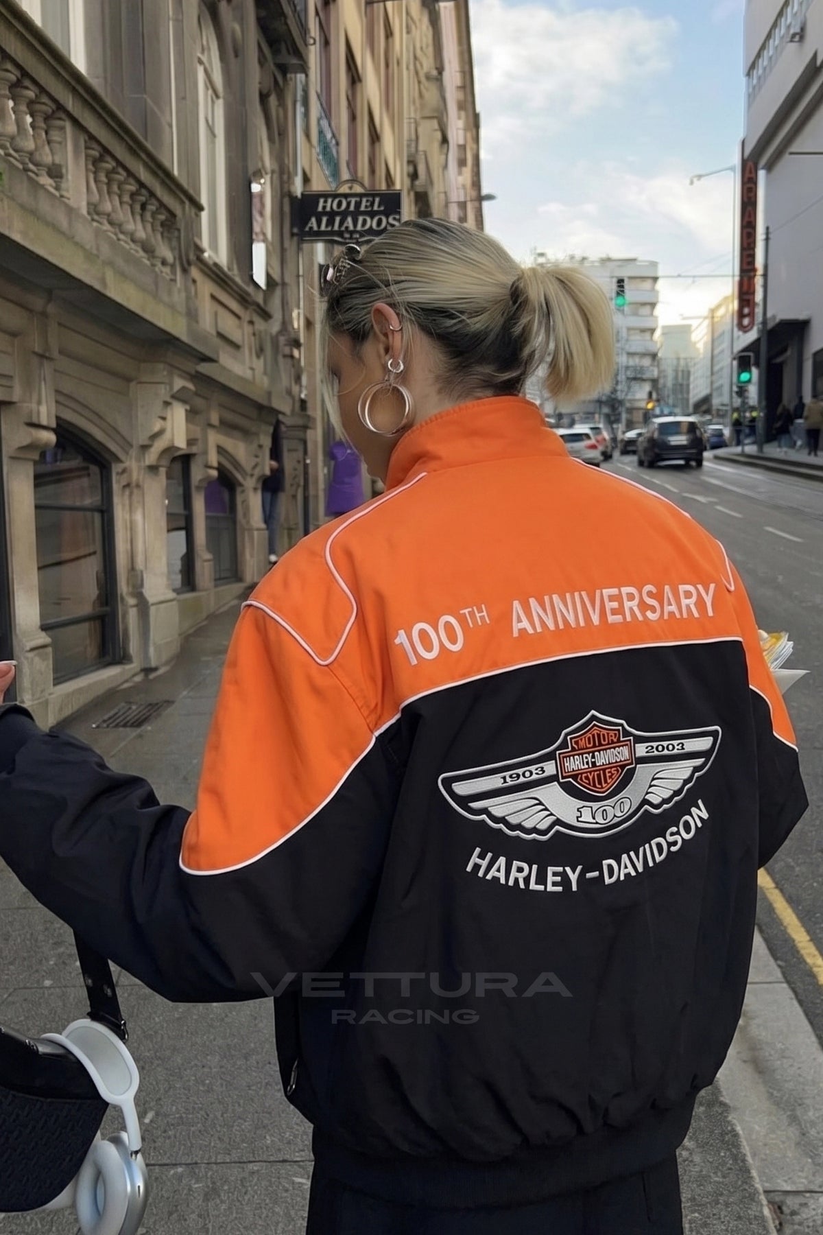 Close view of the winged bar and shield badge on the Harley Davidson jacket