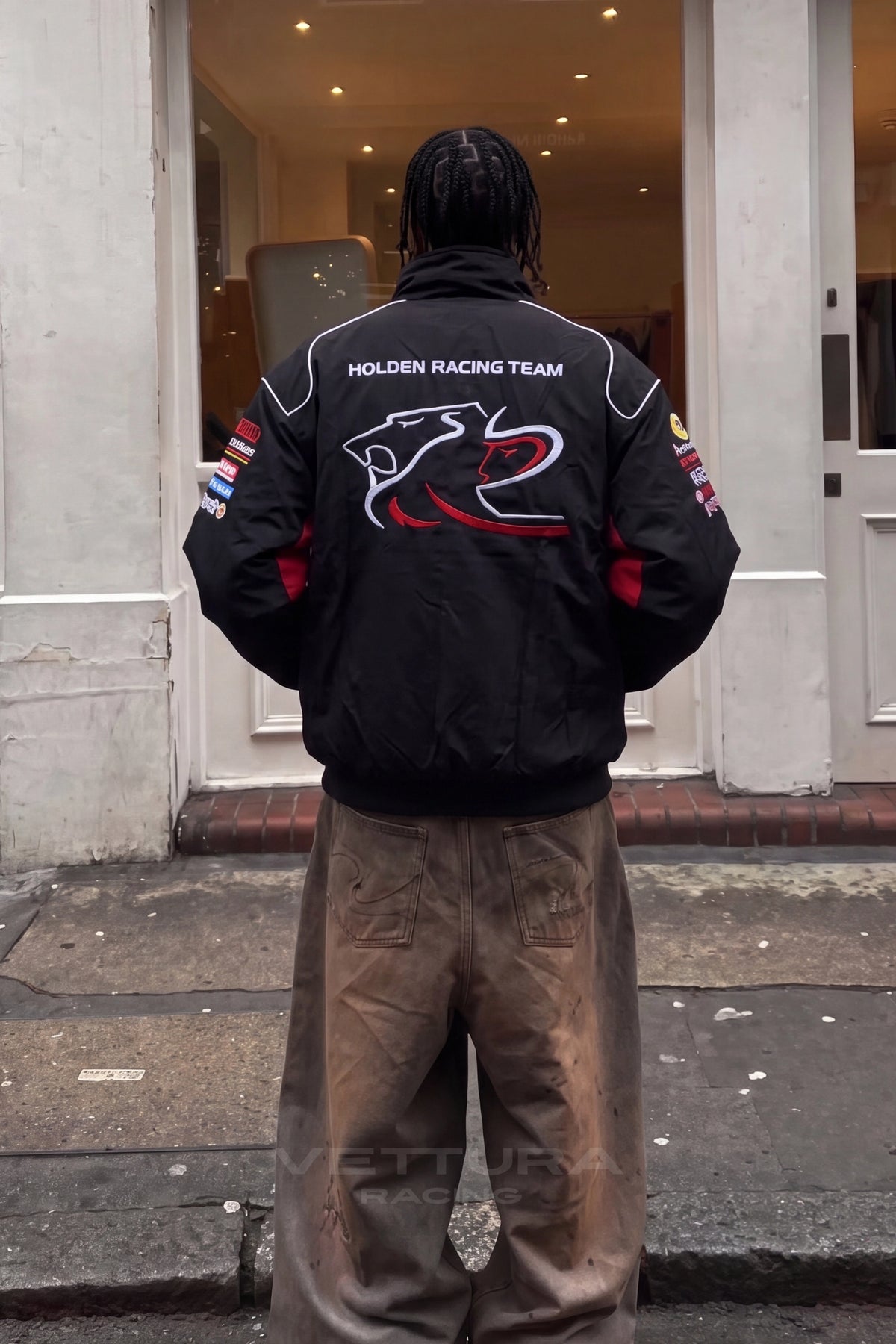 Holden vintage racing bomber jacket worn on the street