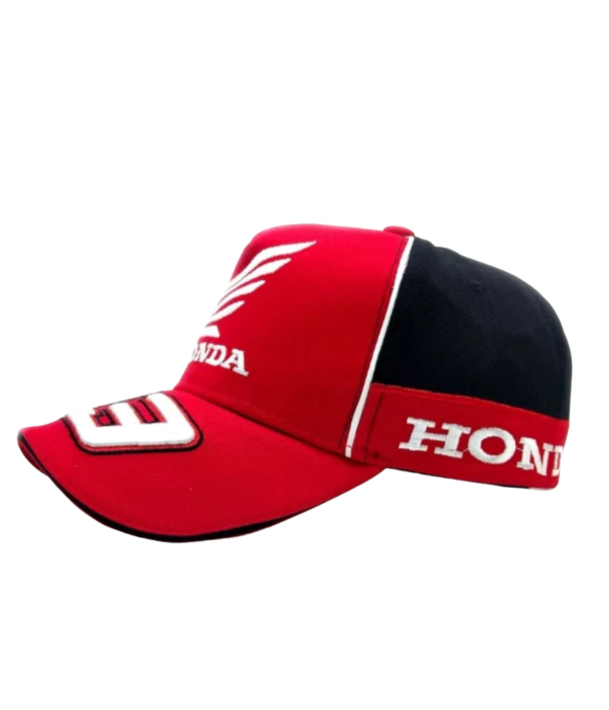 Side view of the red Honda 93 racing cap
