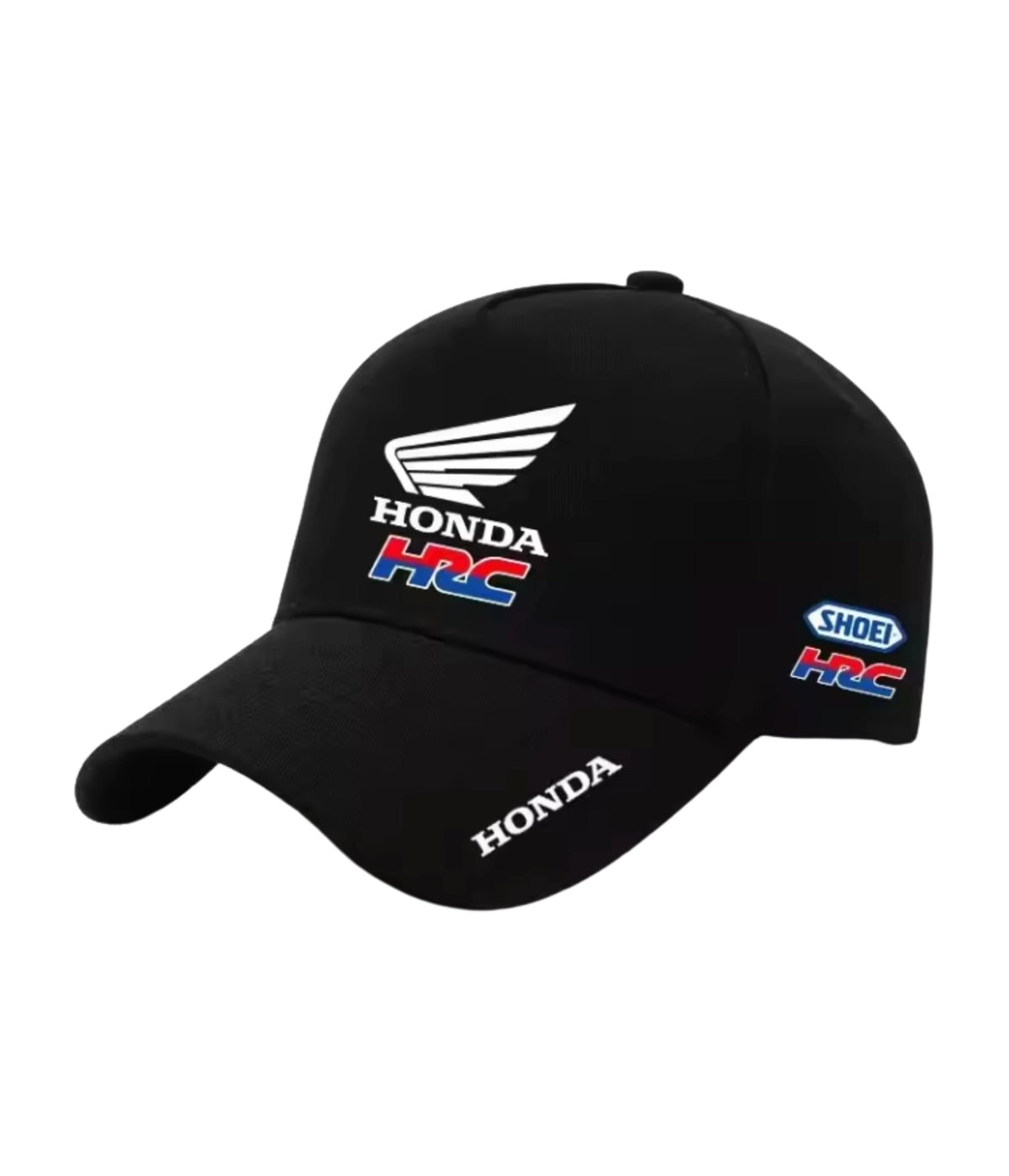 Black Honda HRC embroidered racing cap, side view