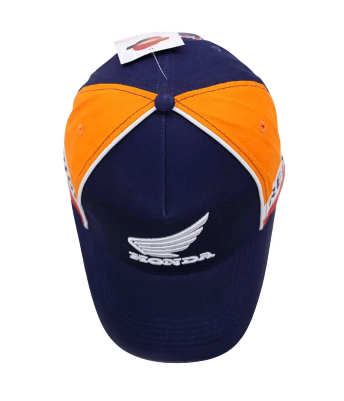 Navy and orange Honda Repsol cap, front view with embroidered wing