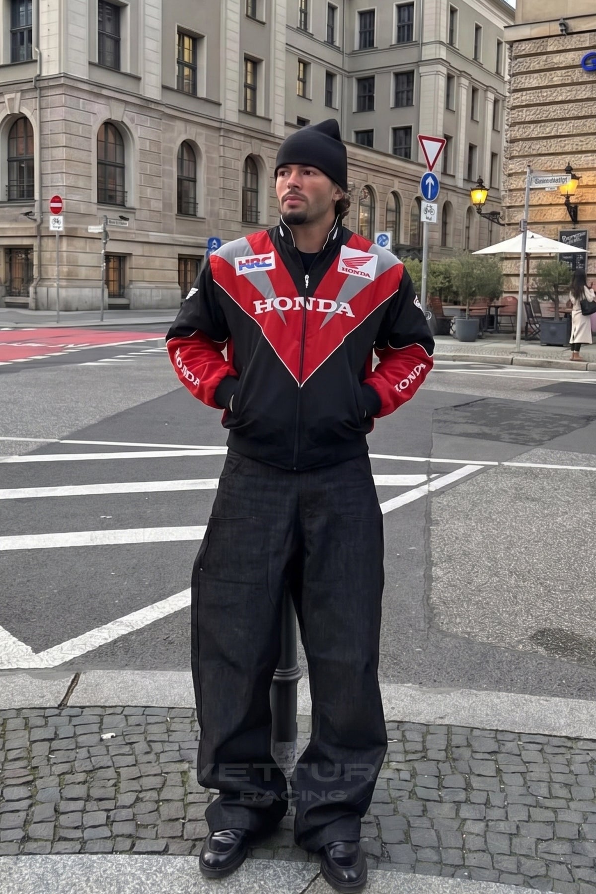 Honda racing jacket photographed outdoors, everyday styling