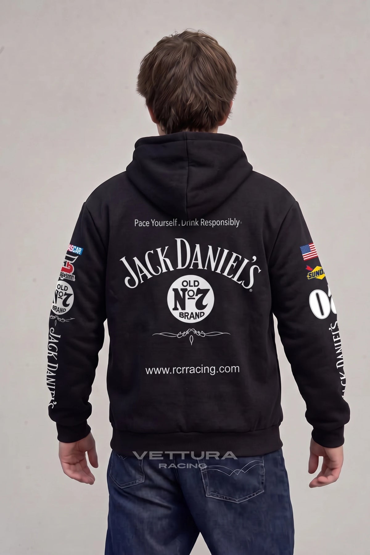 Back of the Jack Daniel’s racing hoodie with the embroidered Old No.7 label