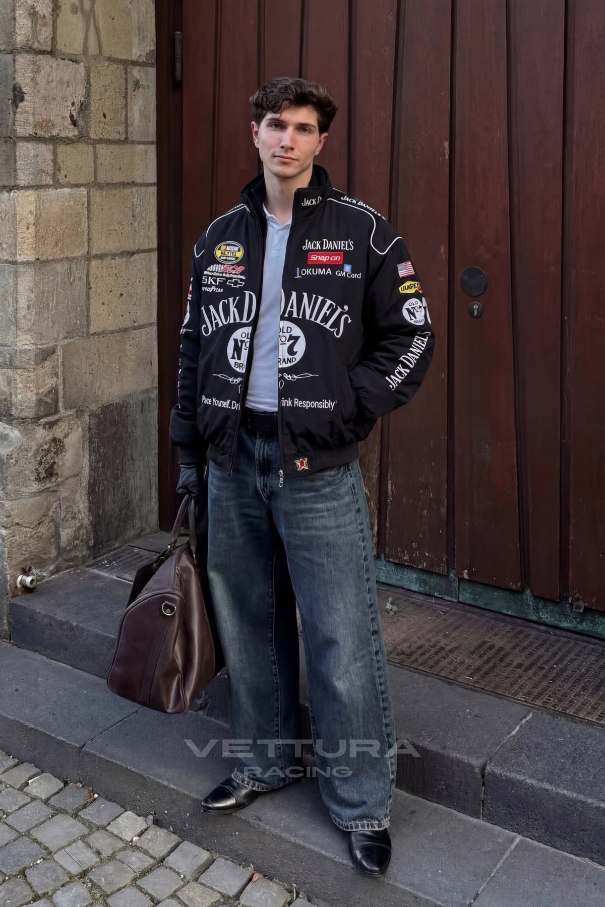 Street style look with the black Jack Daniel's racing vintage jacket