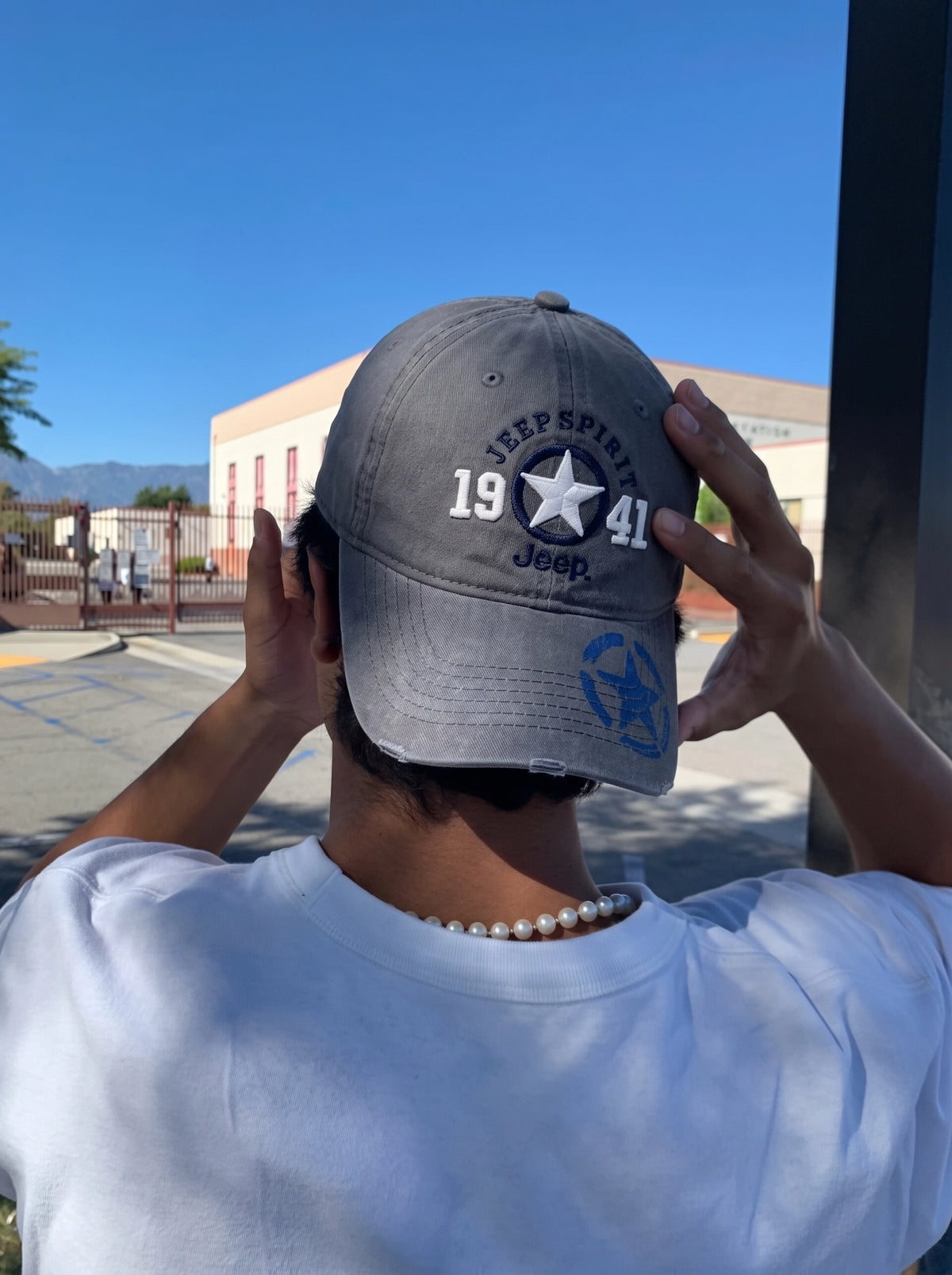 Jeep 1941 embroidered cap worn outdoors