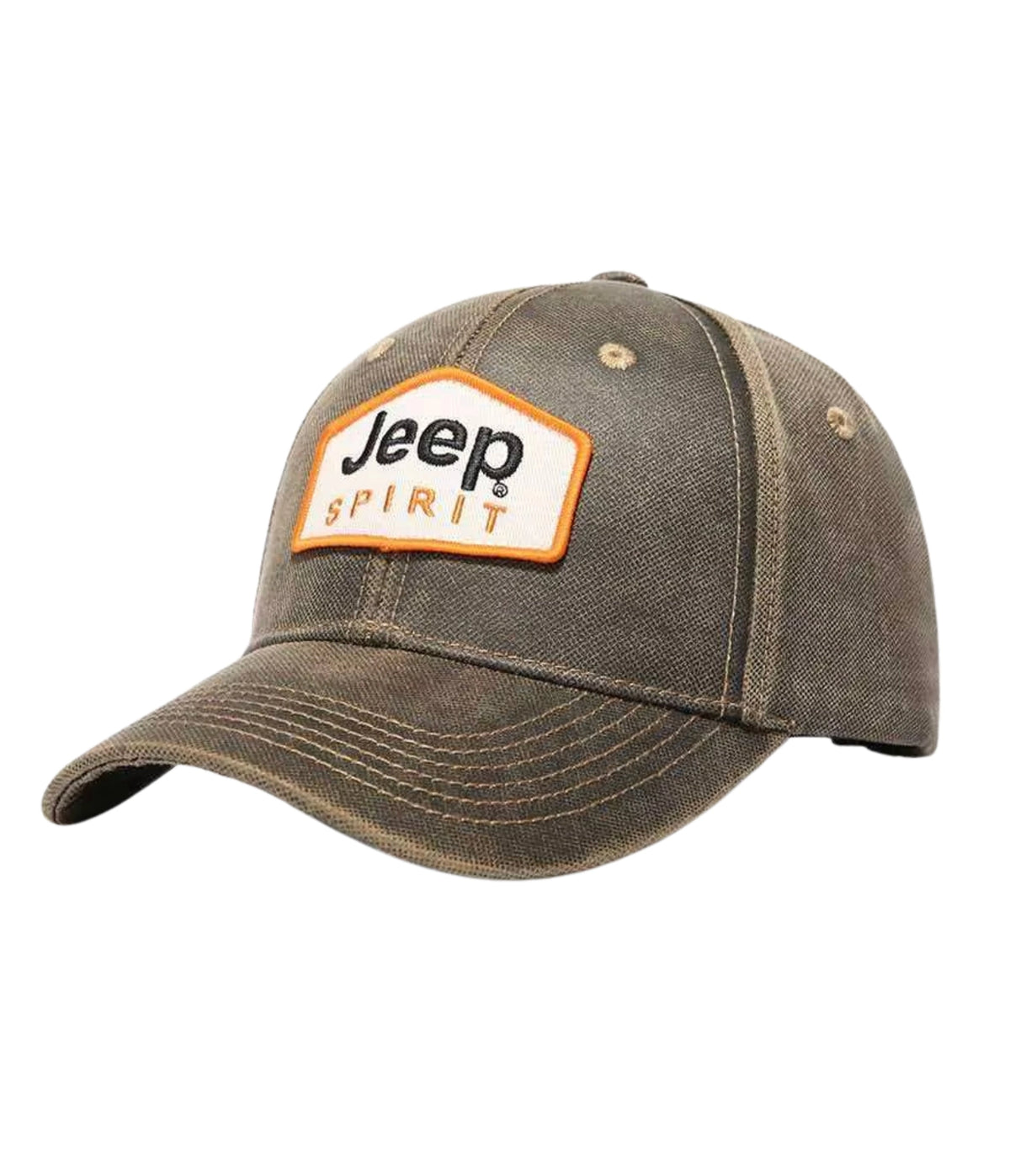 Beige Jeep Spirit embroidered cap with woven patch, side view
