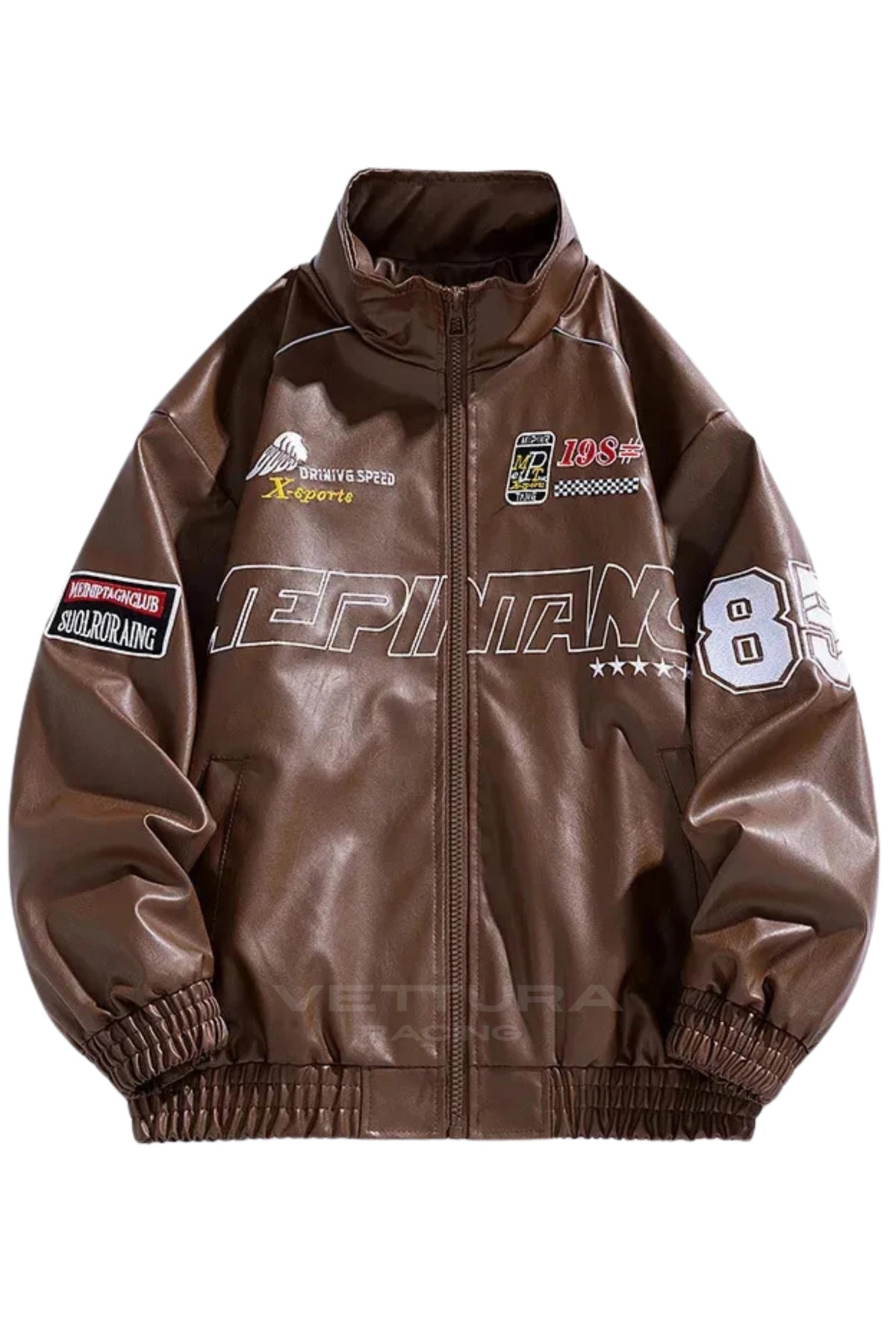 LAP 85 brown racing bomber jacket, front product shot on a white background