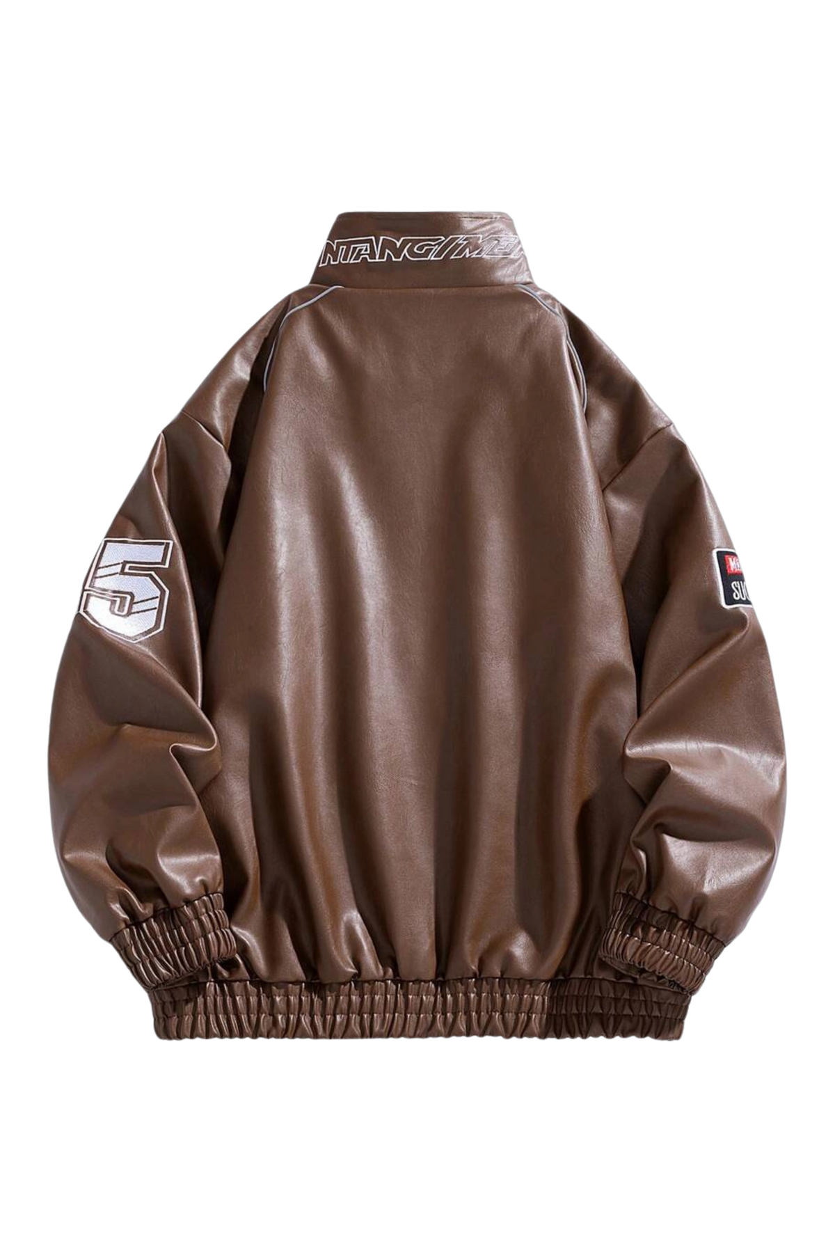 Back of the LAP 85 brown racing jacket with the number patch on the sleeve