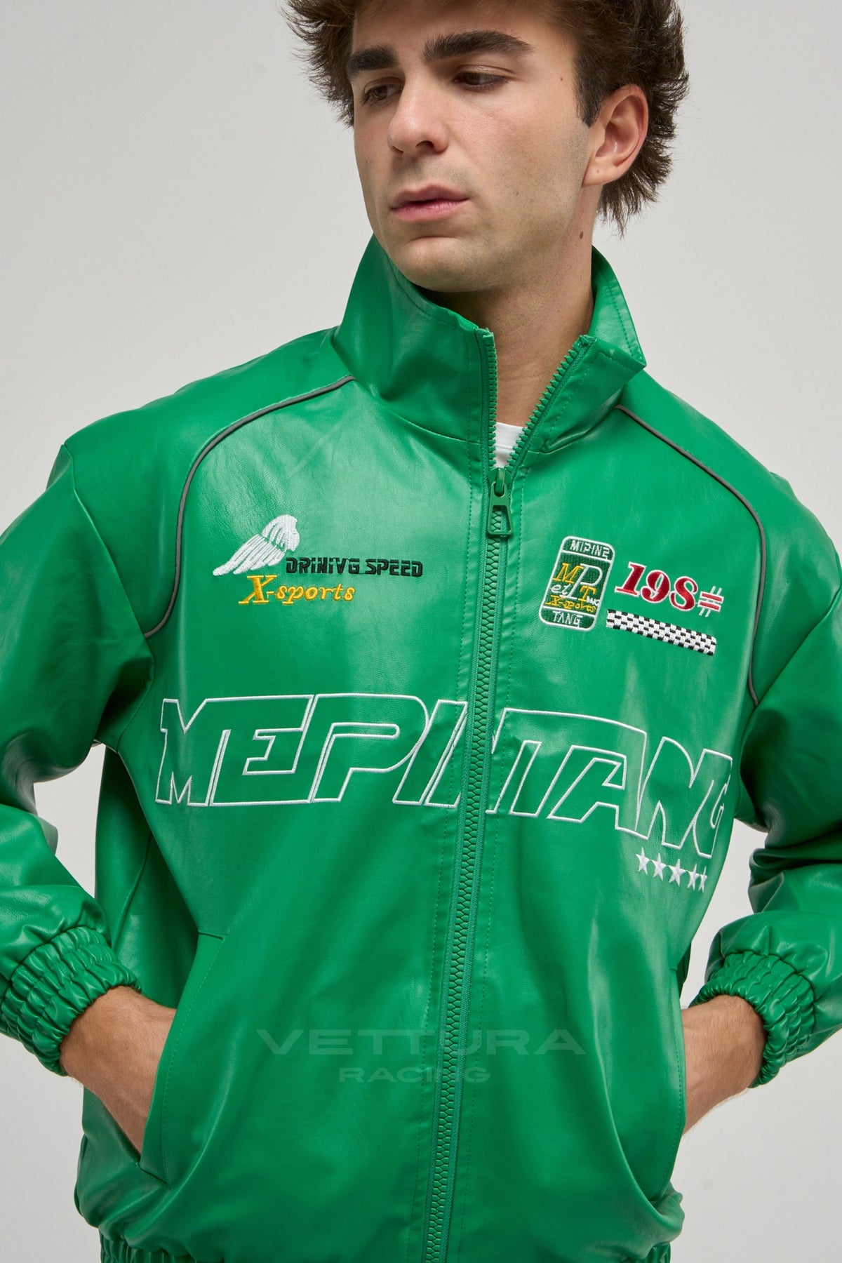 LAP 85 green racing jacket styled with jeans in daylight