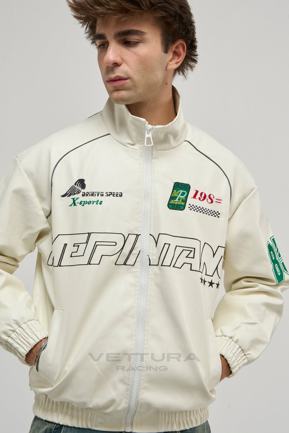 LAP 85 white racing jacket styled with jeans in daylight