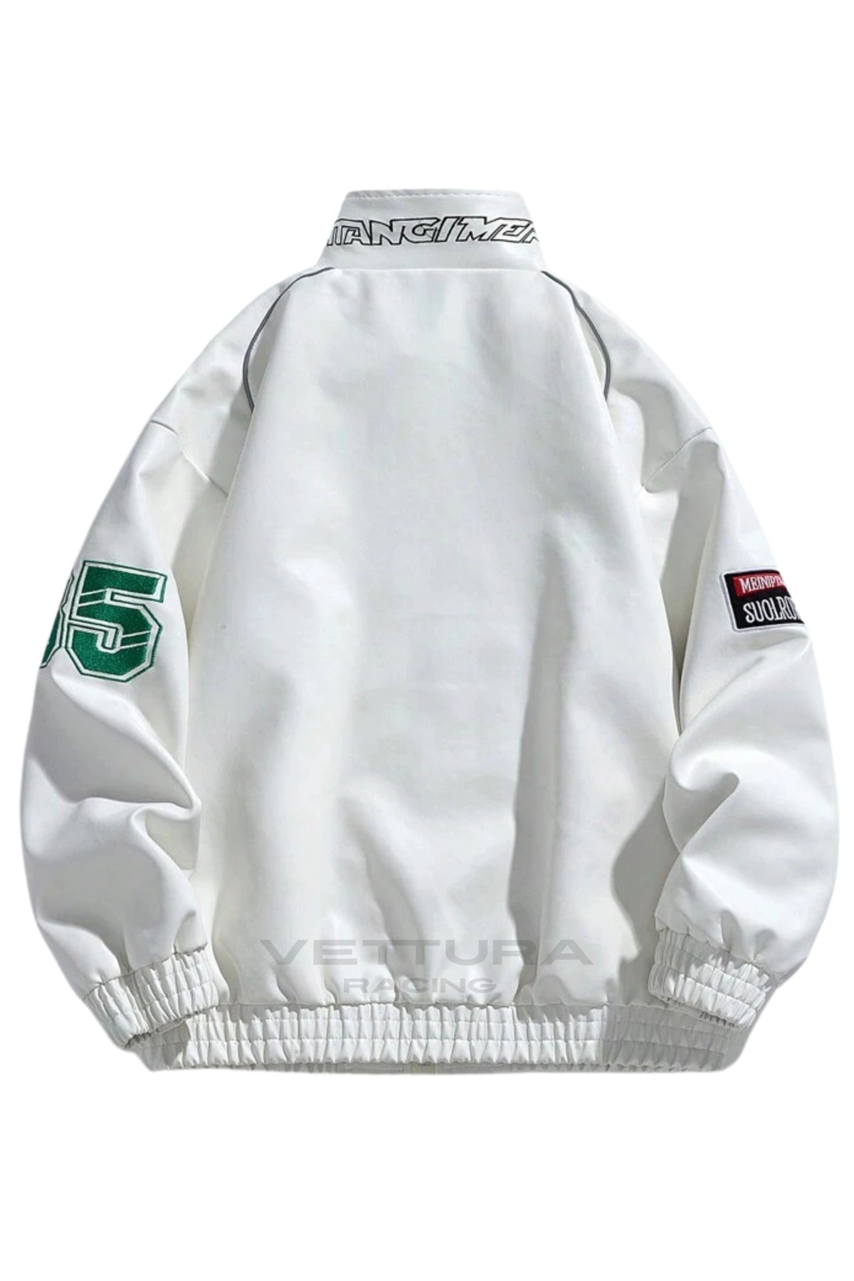 Back of the LAP 85 white racing jacket with the number patch on the sleeve