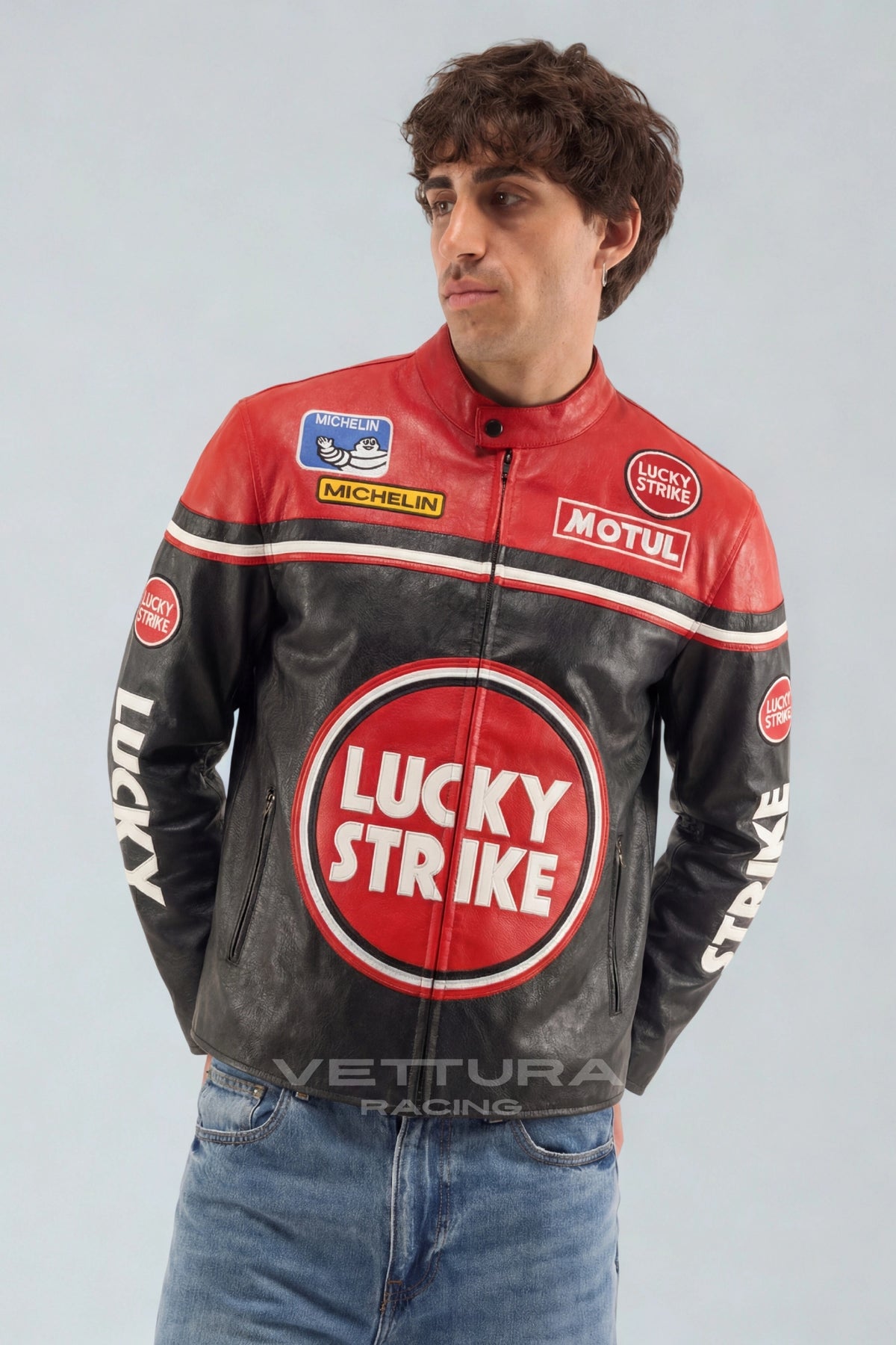 Model wearing the Lucky Strike red edition leather racing jacket, front view