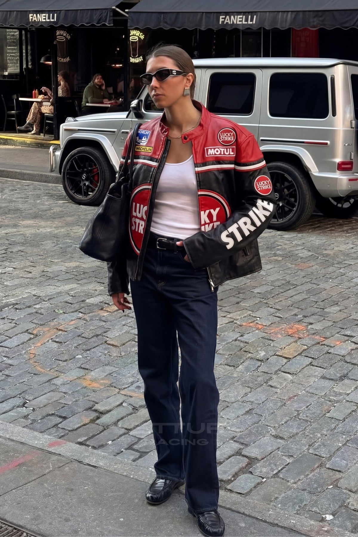Lucky Strike red edition leather jacket worn on the street
