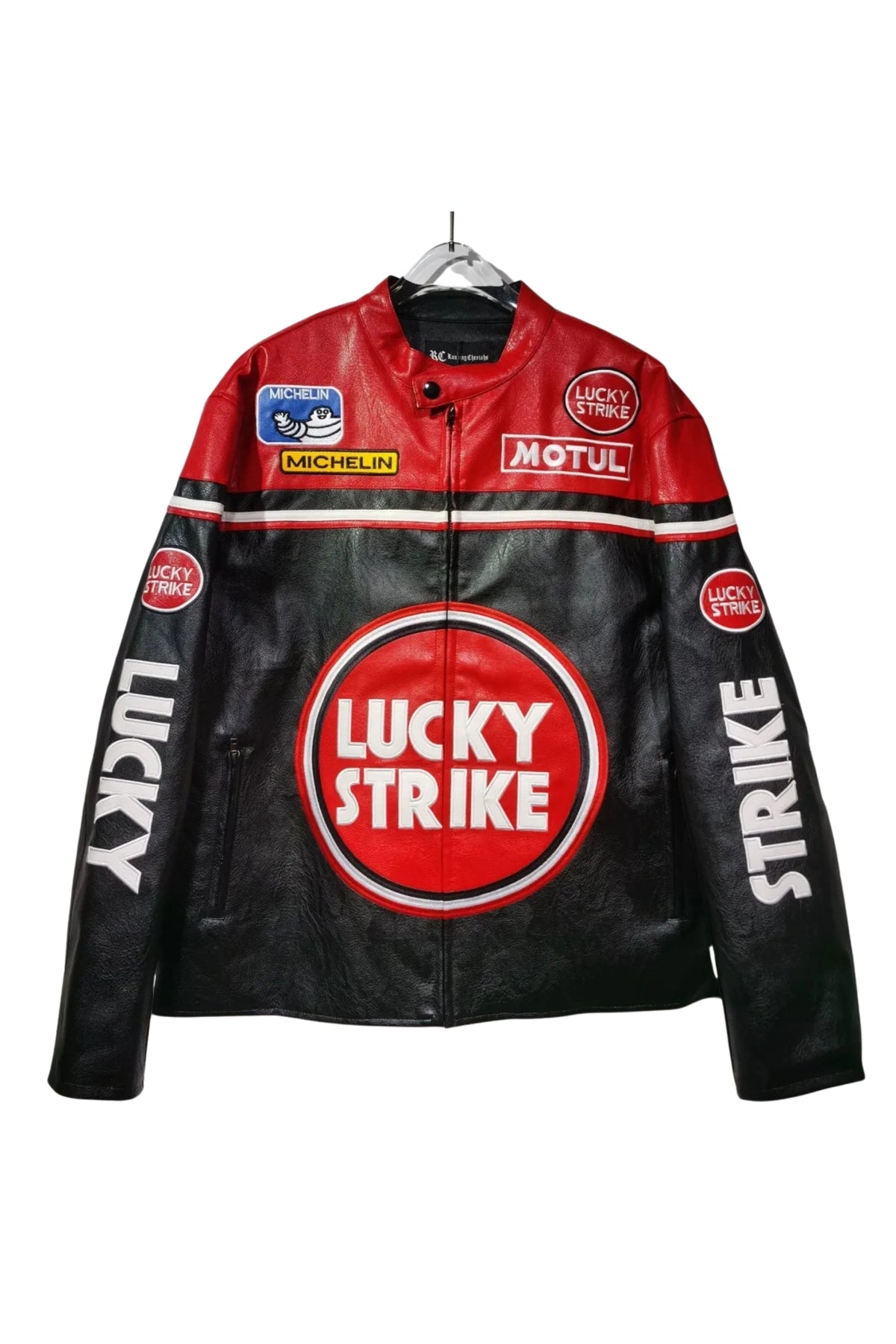 Back of the Lucky Strike red edition leather jacket with the large roundel