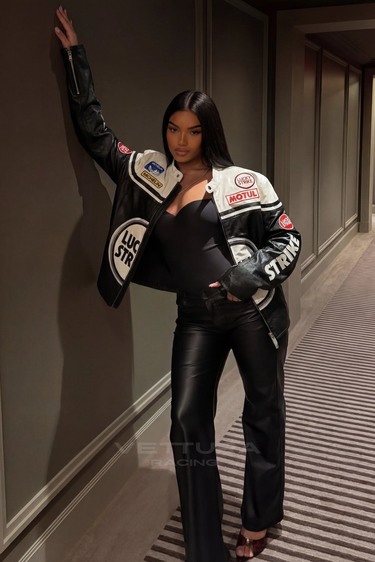 Lucky Strike white edition leather jacket worn on the street