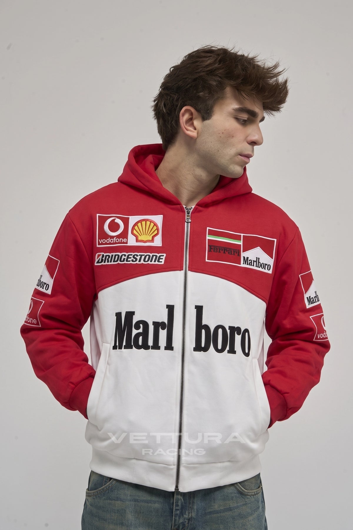 Marlboro Ferrari F1 zip hoodie styled with jeans in daylight