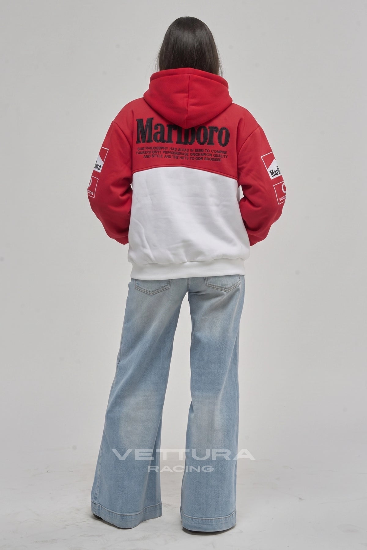 Back of the Marlboro Ferrari zip hoodie with the wordmark across the shoulders