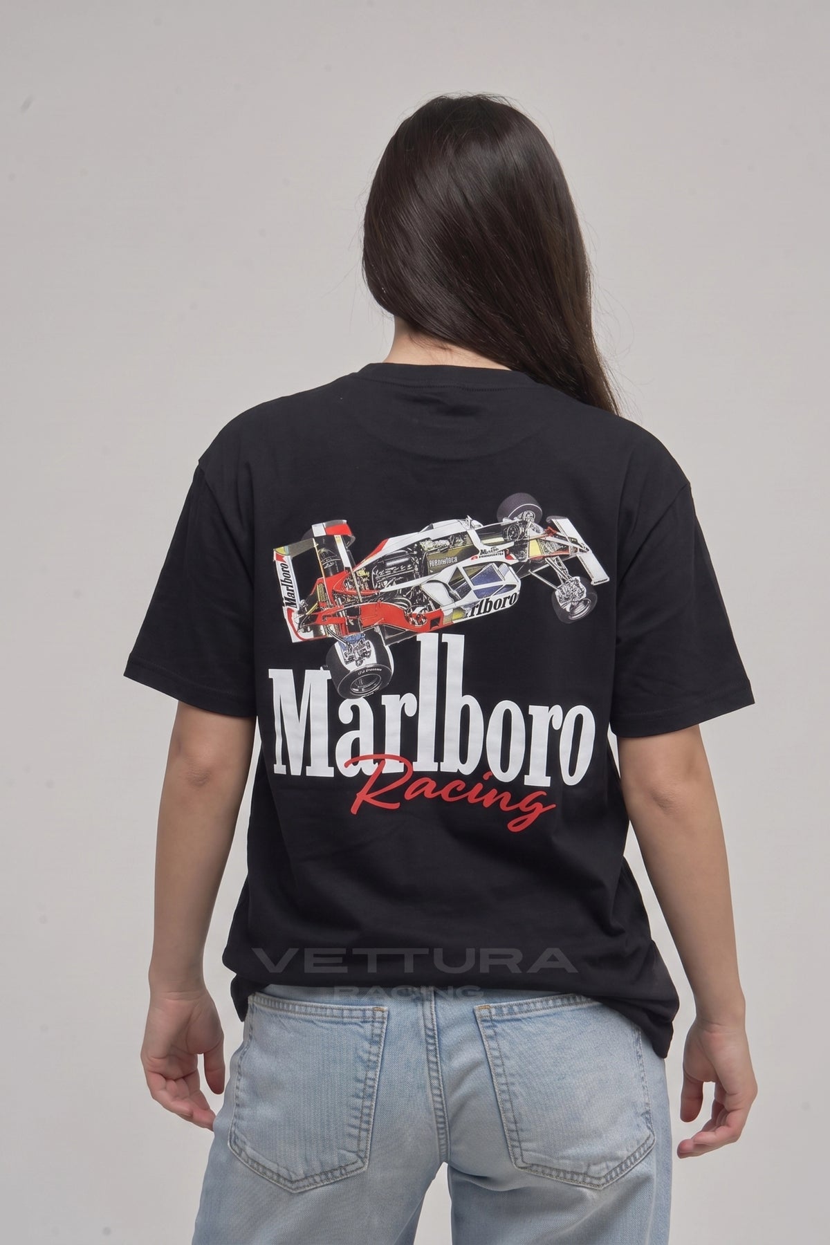Marlboro Racing F1 tee on a model, showing the regular fit