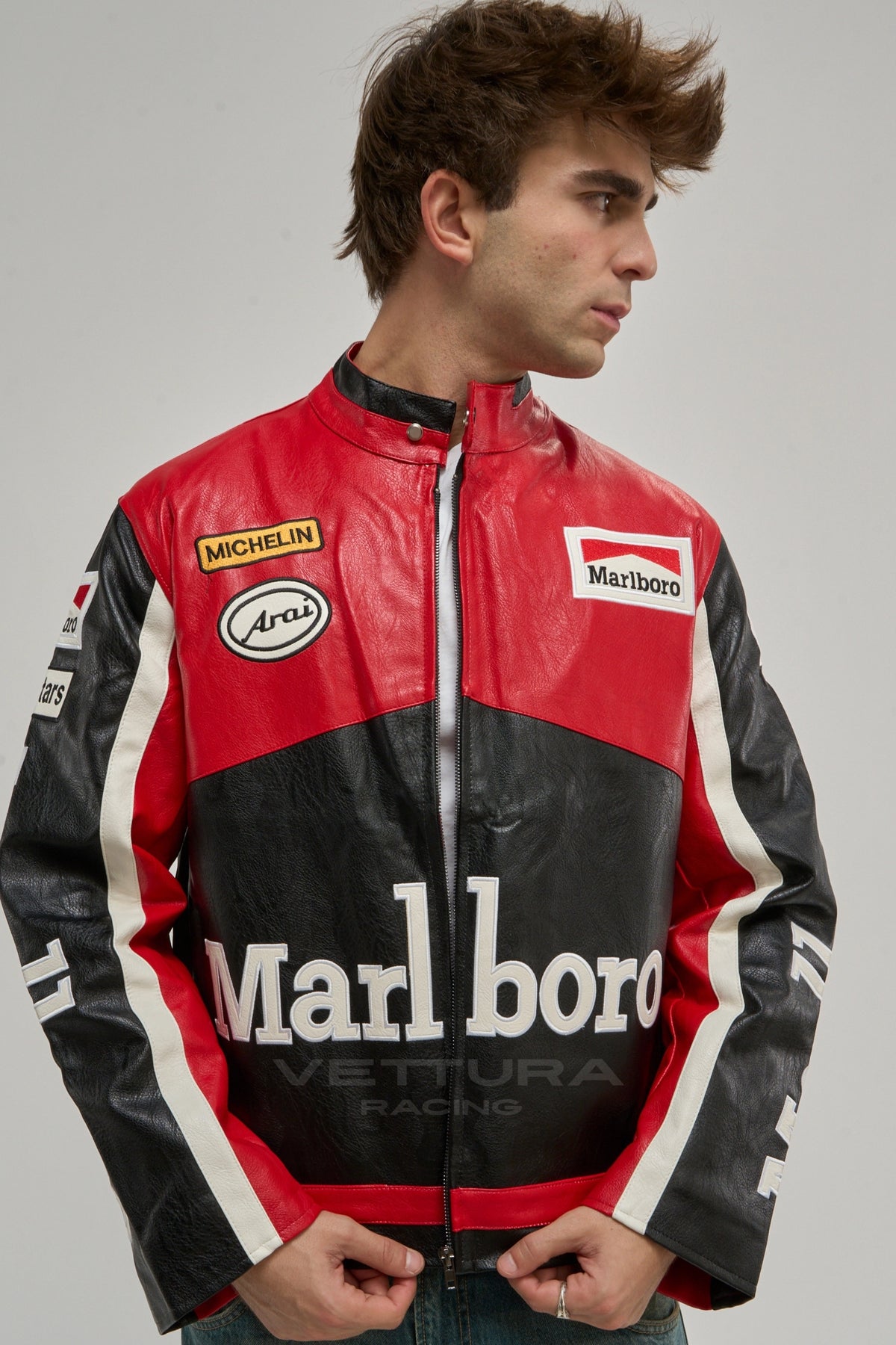 Marlboro racing leather jacket styled in daylight