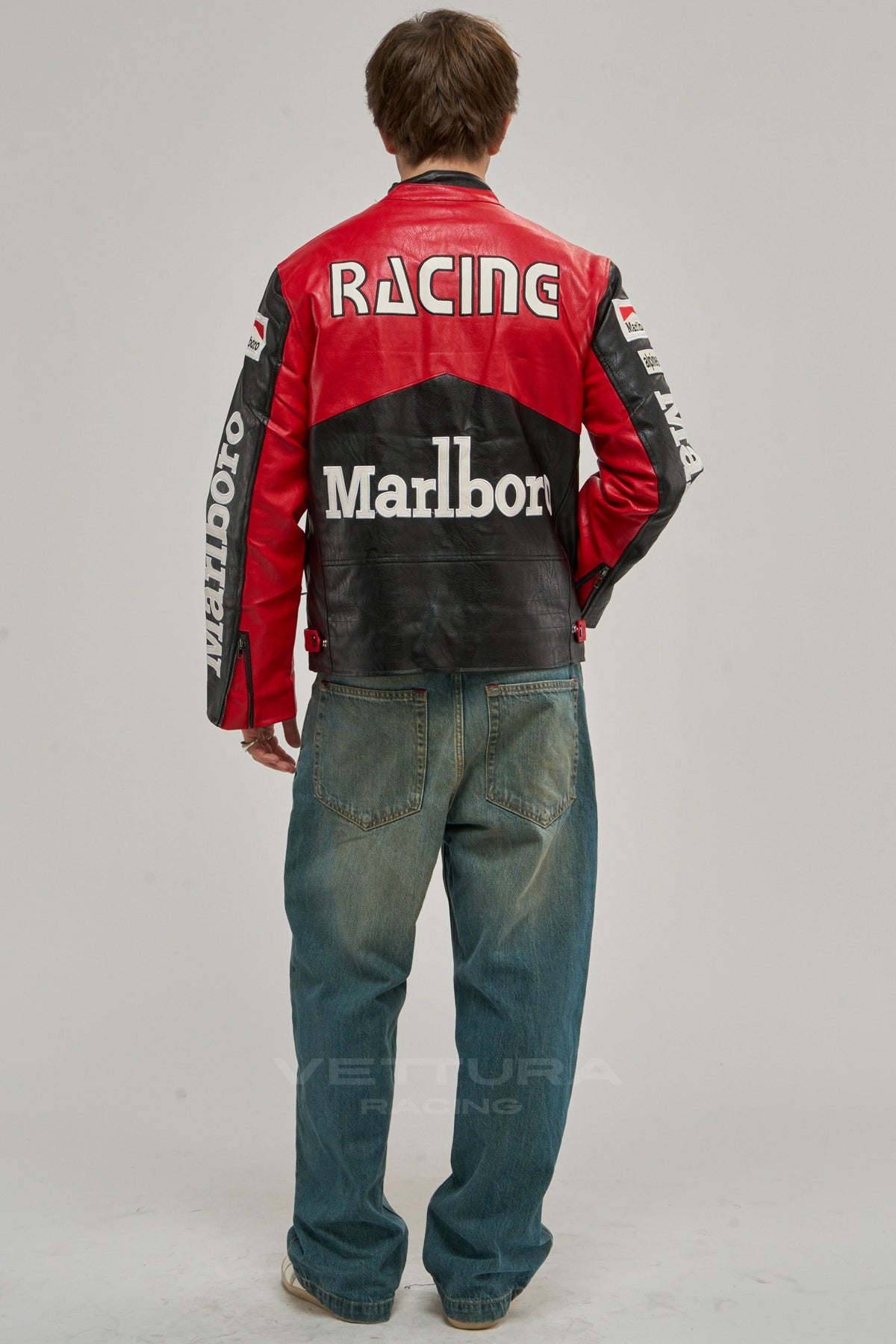 Model wearing the Marlboro racing black edition leather jacket, back view