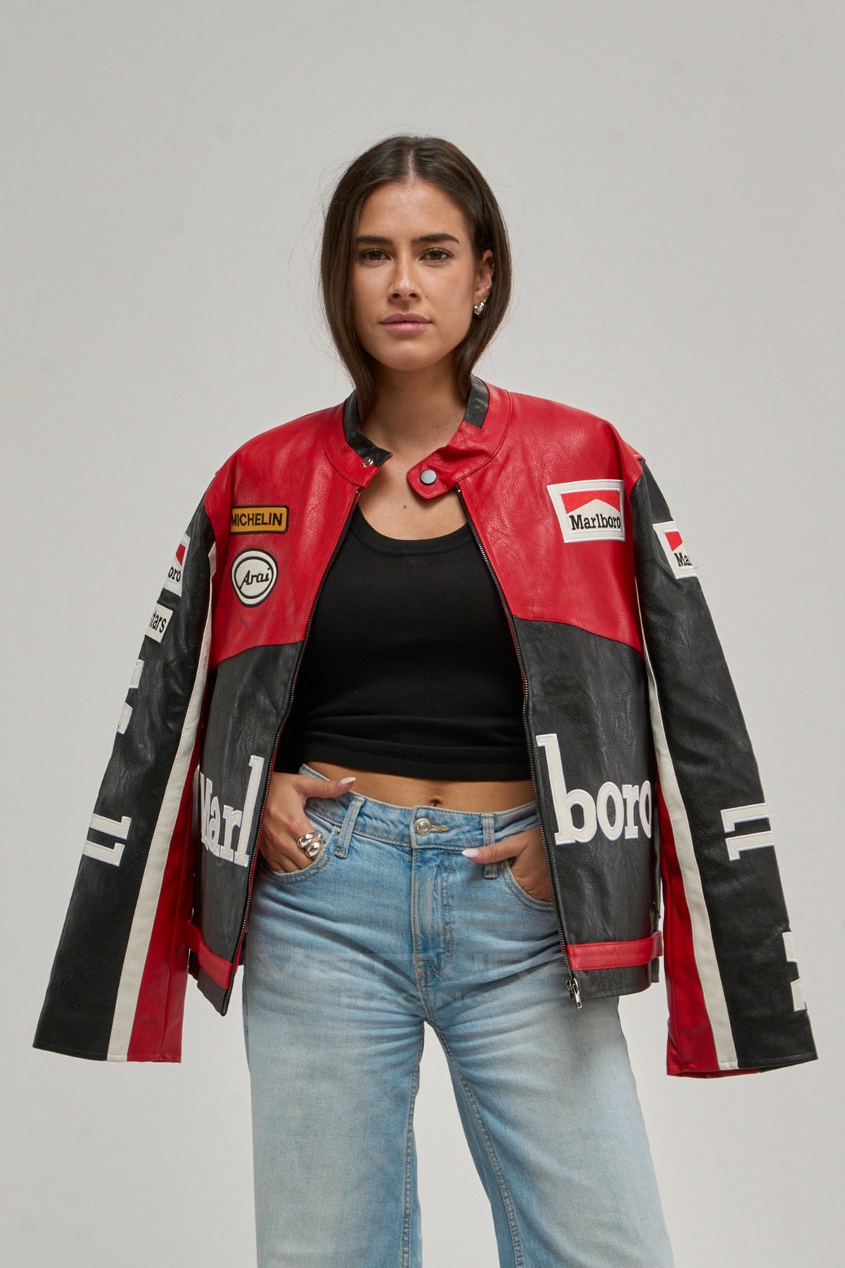 Marlboro racing leather jacket in red and black on a model, front view
