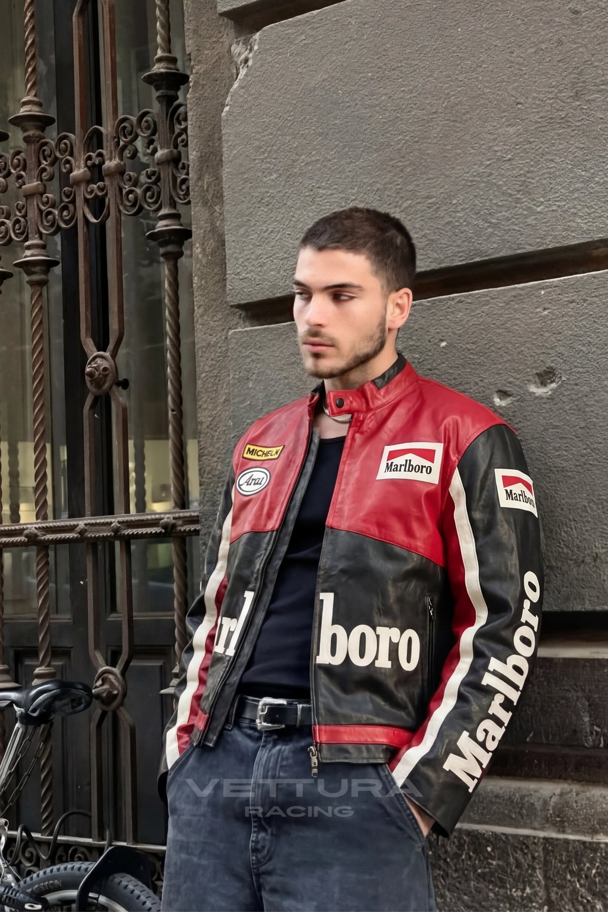 Marlboro racing black edition leather jacket worn on the street