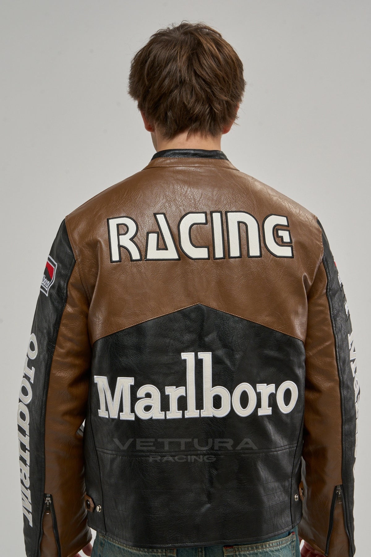 Marlboro brown edition leather jacket worn on the street
