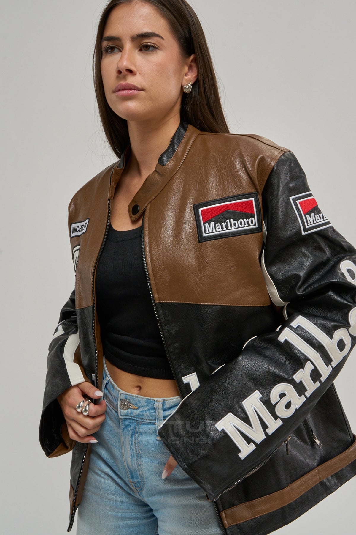 Close view of the Marlboro chest band on the brown leather jacket