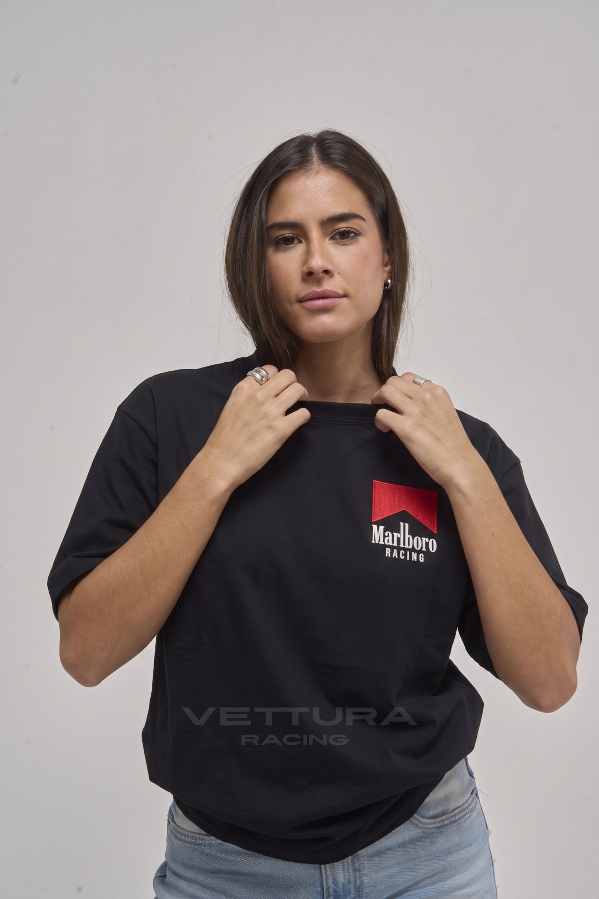 Model wearing the Marlboro Racing t-shirt in black, front view