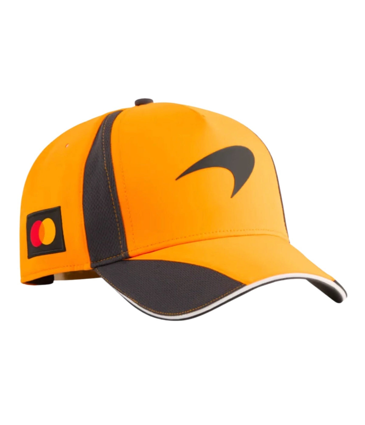 Papaya orange McLaren F1 Team 2025 cap at an angle with Speedmark logo and grey mesh stripe