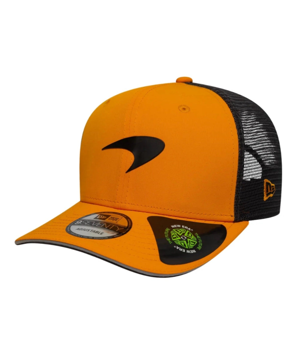 Papaya orange McLaren F1 trucker cap at an angle showing the black mesh side panels
