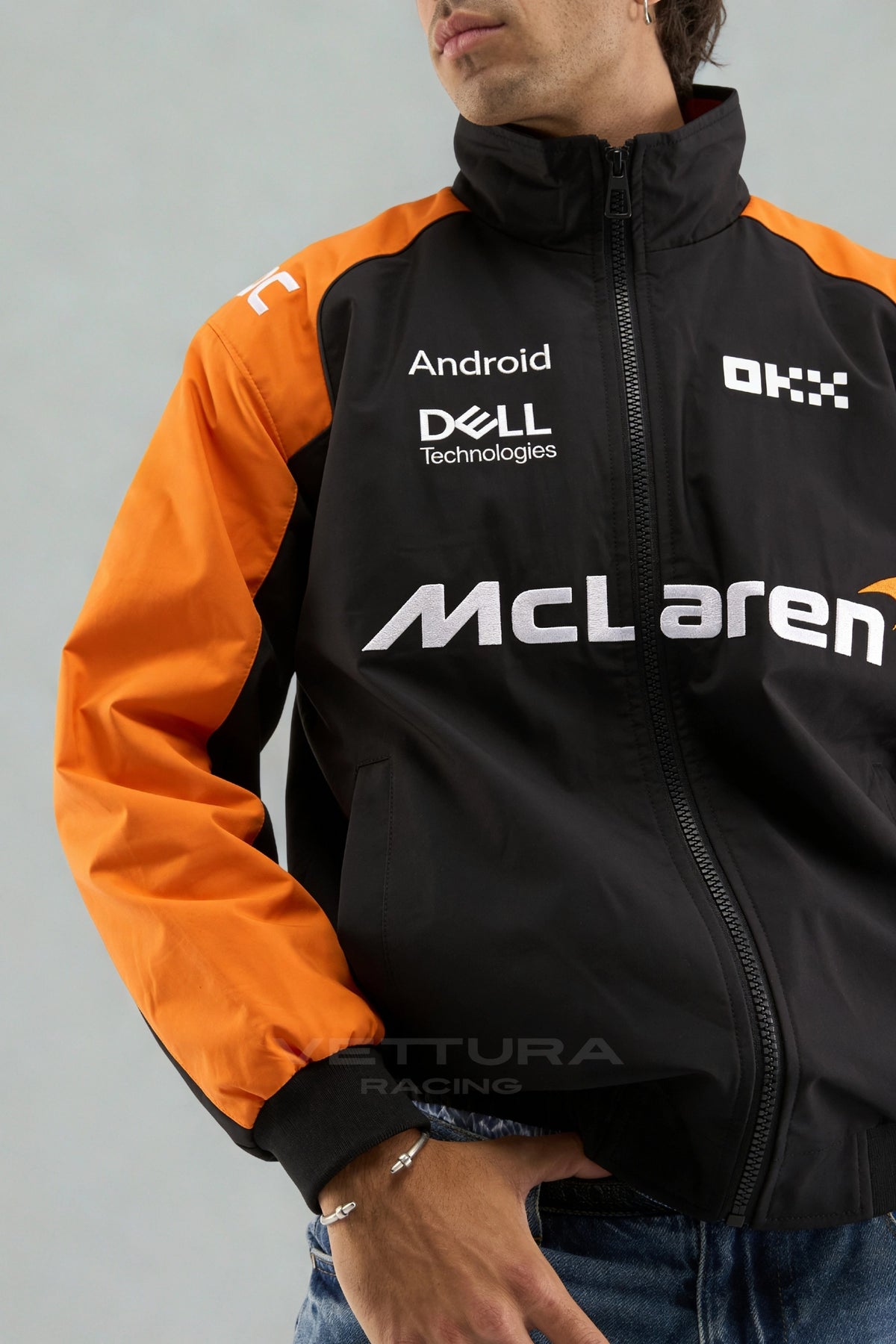 McLaren papaya racing jacket worn on the street