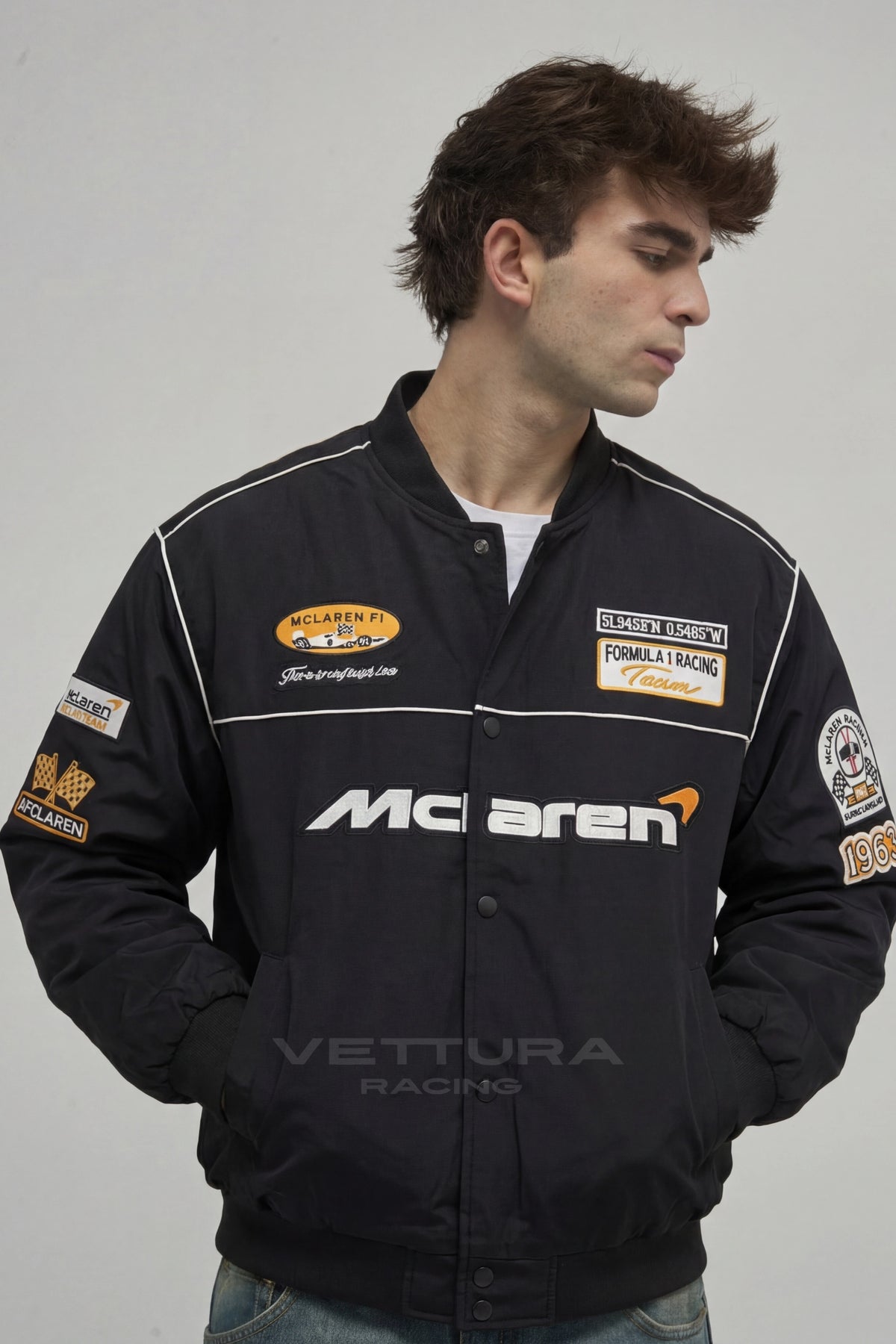 McLaren F1 Team racing jacket styled with jeans in daylight