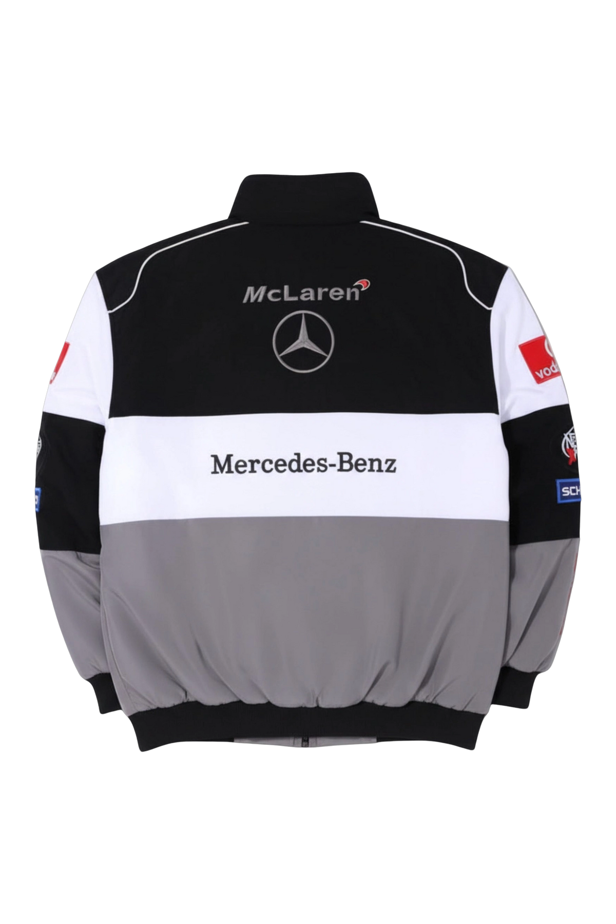 McLaren Mercedes F1 racing jacket flat back view with Mercedes-Benz embroidery