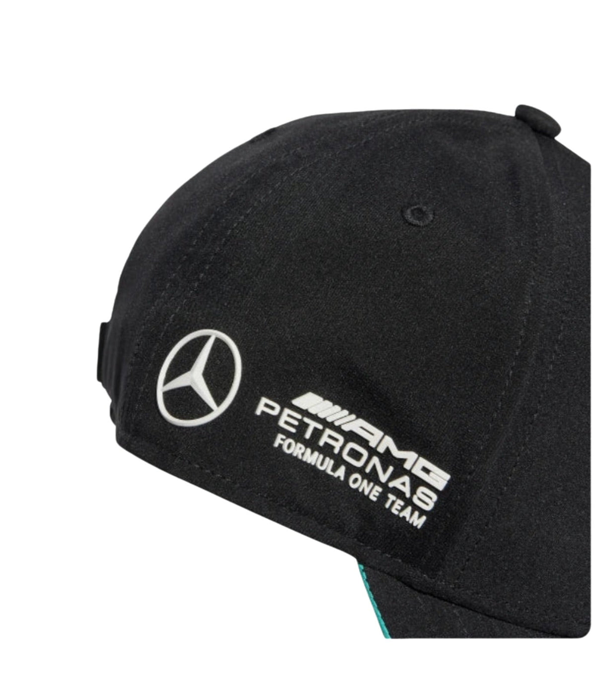 Side detail of the AMG Petronas Formula One Team lettering on the black Mercedes cap
