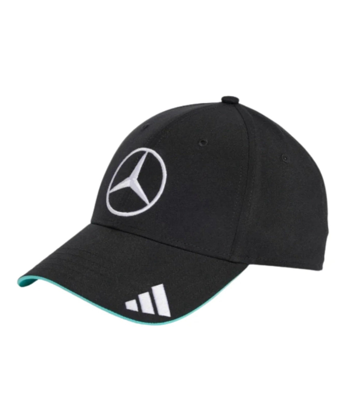 Black Mercedes AMG F1 cap at an angle showing the teal under-brim trim and adidas mark