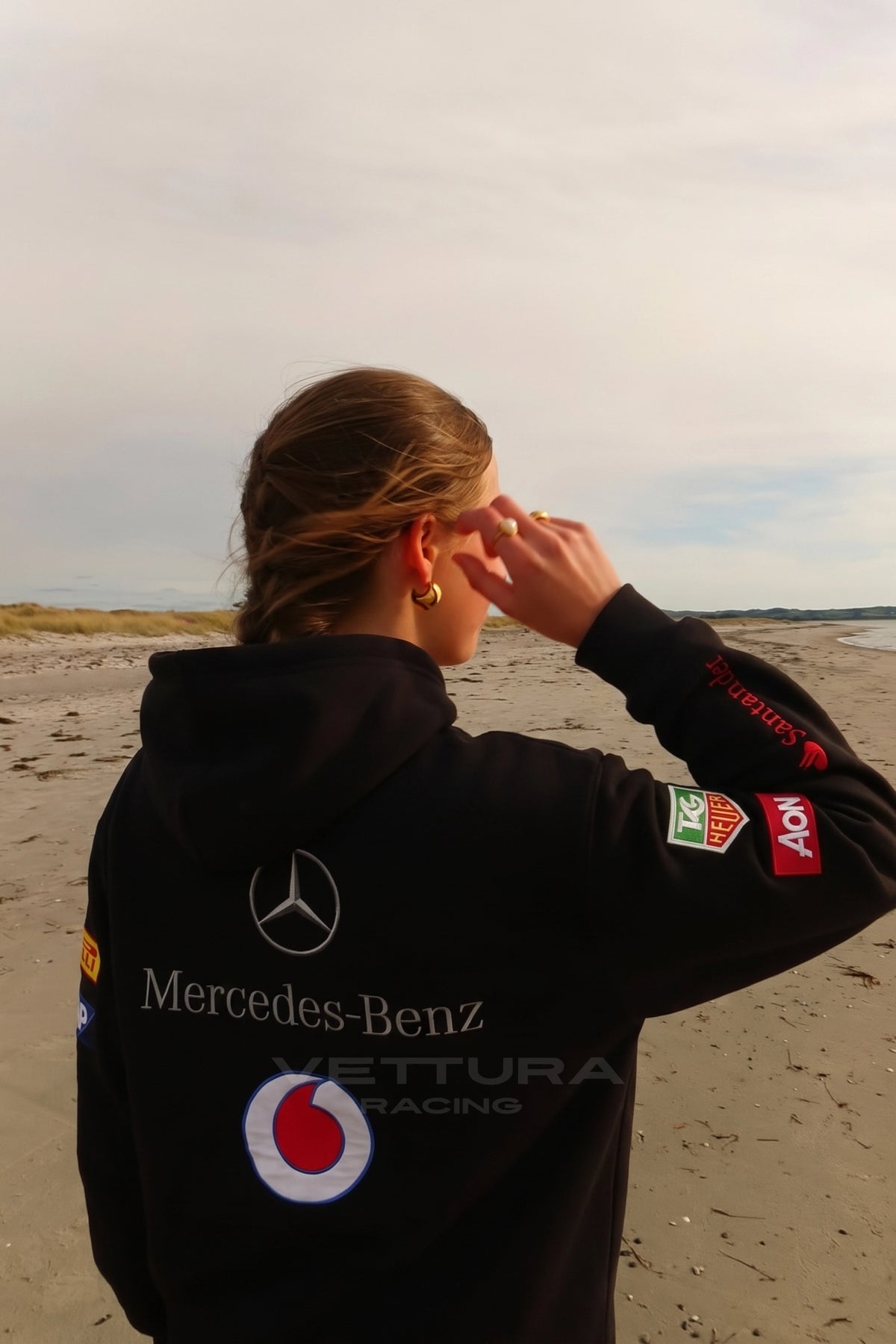Mercedes-Benz racing hoodie worn on the street, relaxed fit