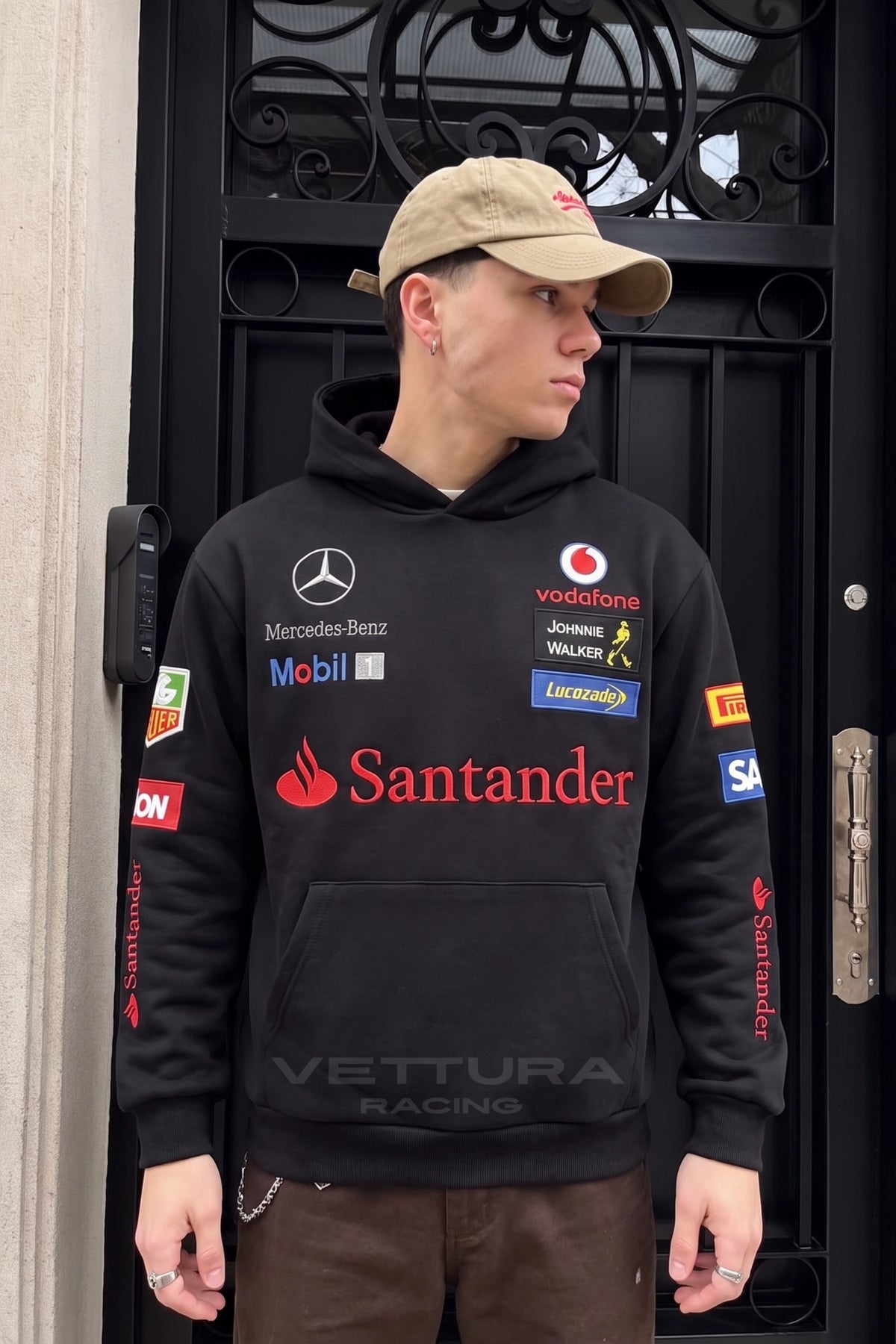 Detail of the brushed fleece and ribbed cuffs on the Mercedes-Benz hoodie